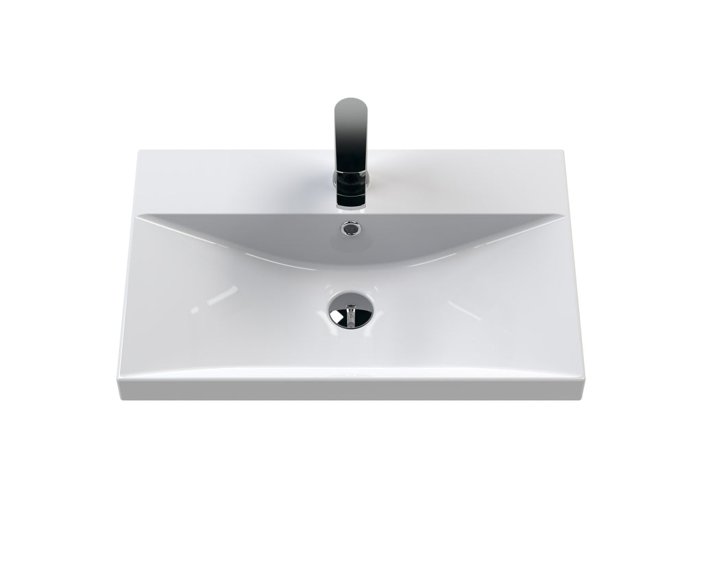 Sleek white rectangular bathroom sink with modern black faucet and chrome drain, ideal for contemporary bathroom designs and easy maintenance.