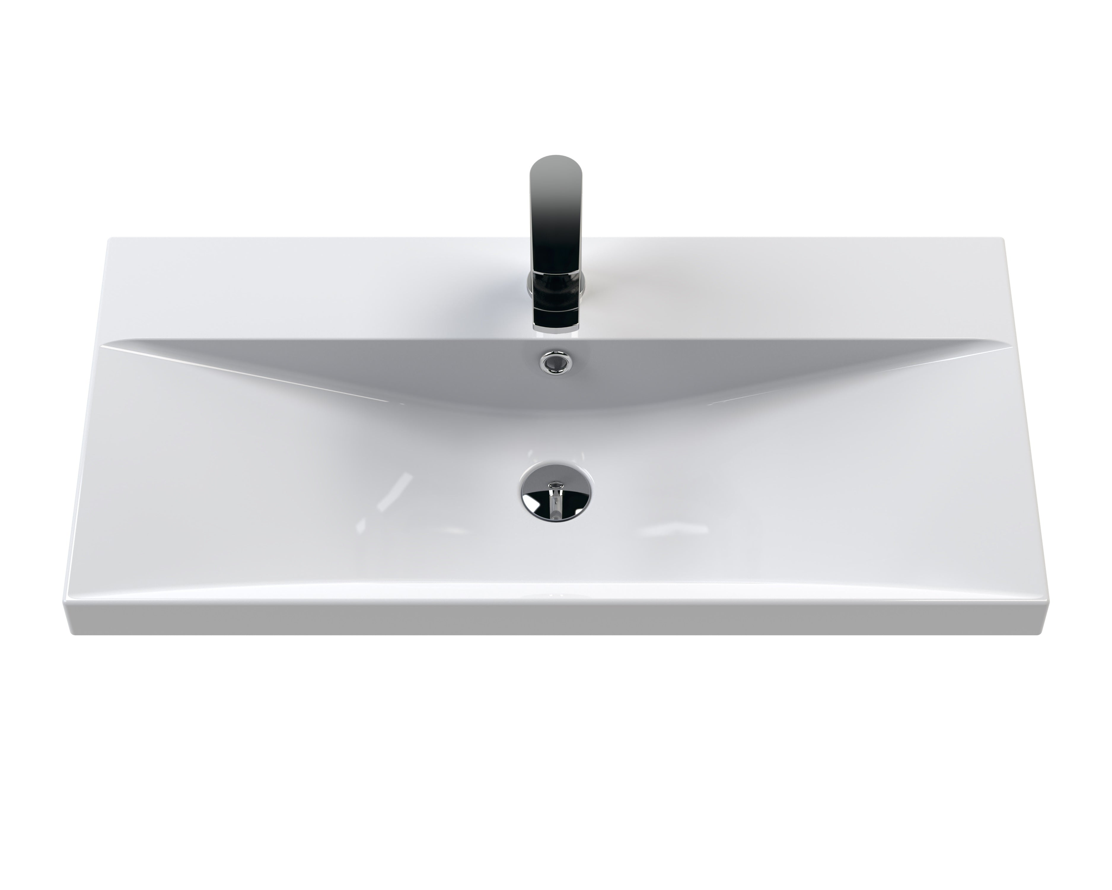 Shiny white rectangular bathroom sink with sleek black faucet, modern design, ideal for contemporary bathrooms, high-quality ceramic material.