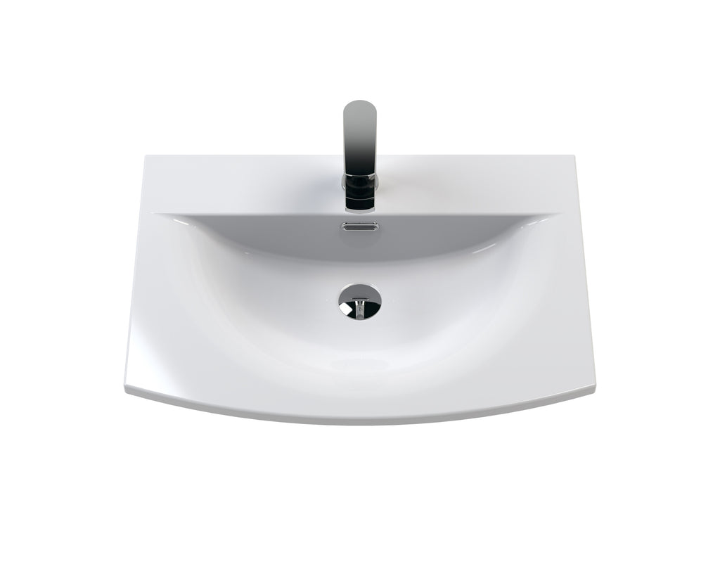 Sleek white modern bathroom sink with chrome tap and integrated drain, designed for contemporary Bubly Bathrooms projects. Perfect for stylish and functional bathroom interiors.