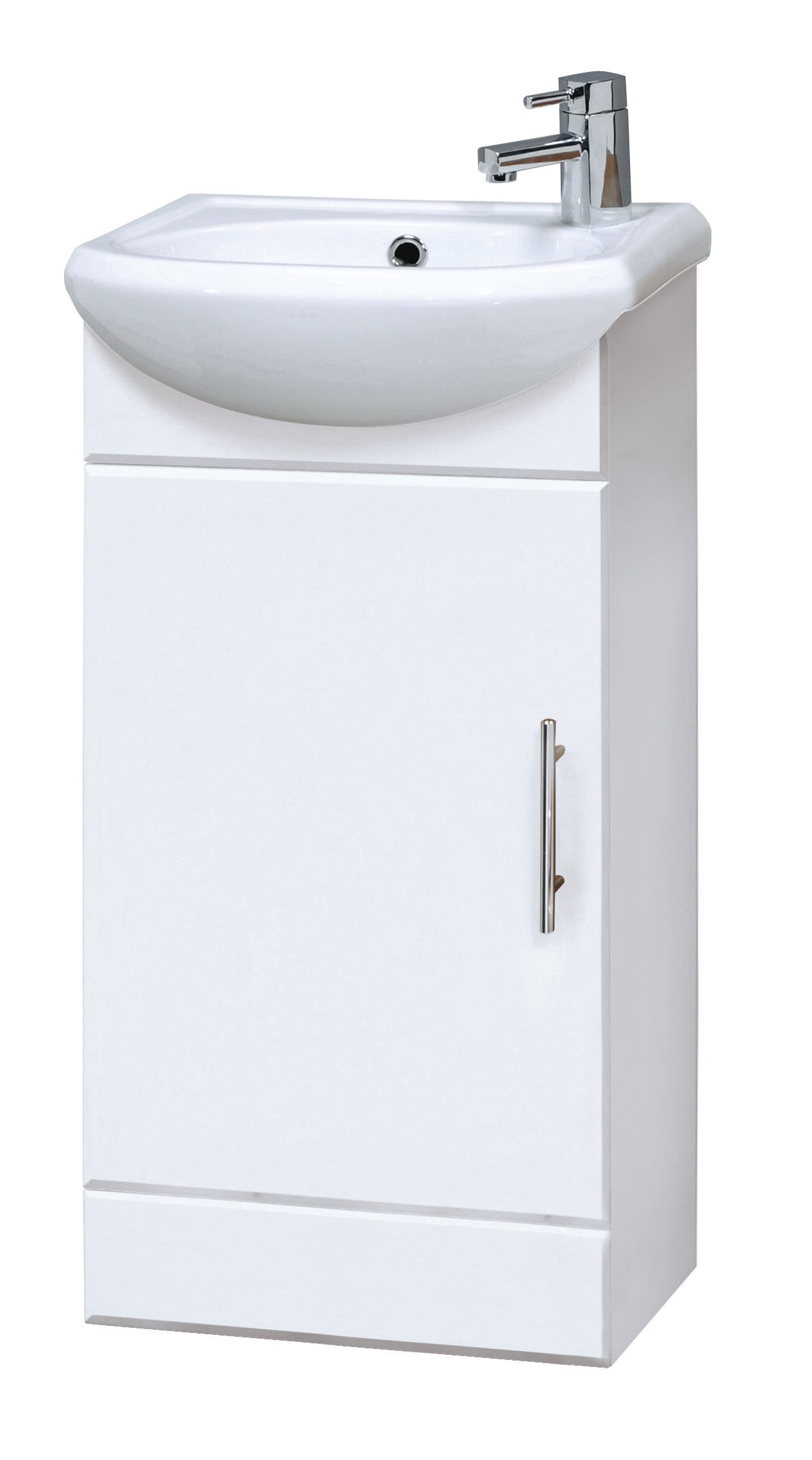 Bright white bathroom vanity with integrated sink and sleek chrome tap, ideal for modern Bubly Bathrooms designs. Perfect for compact or contemporary bathroom spaces.