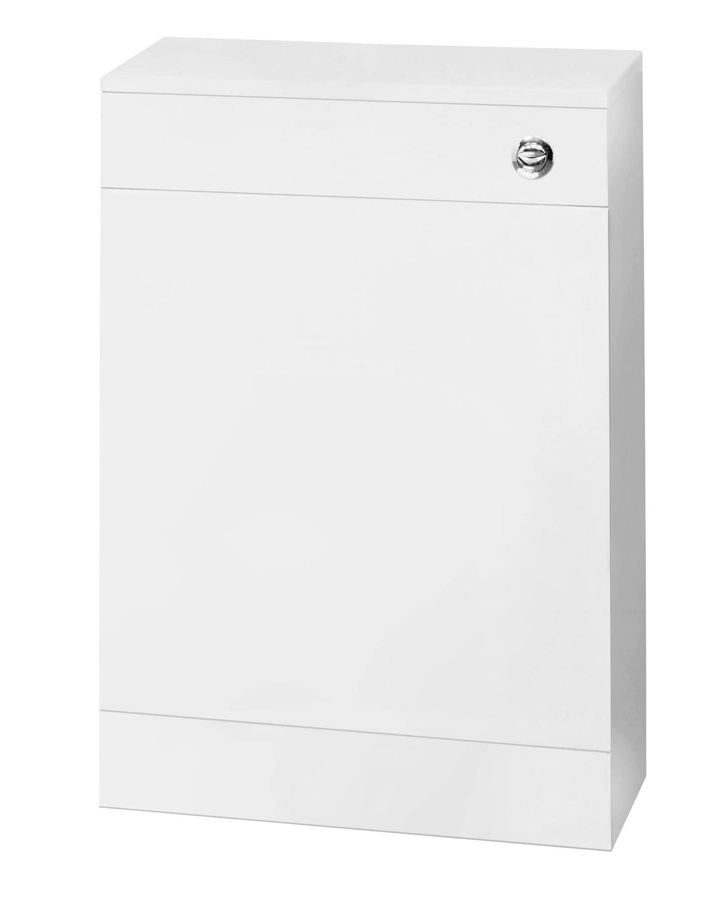 Wide white bathroom cabinet with silver knob for bathroom storage.