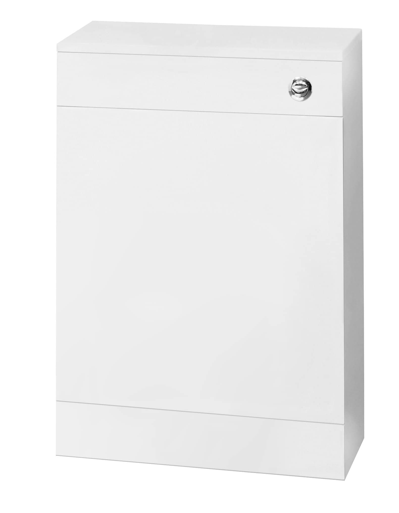 Wide white bathroom cabinet with silver knob for bathroom storage.
