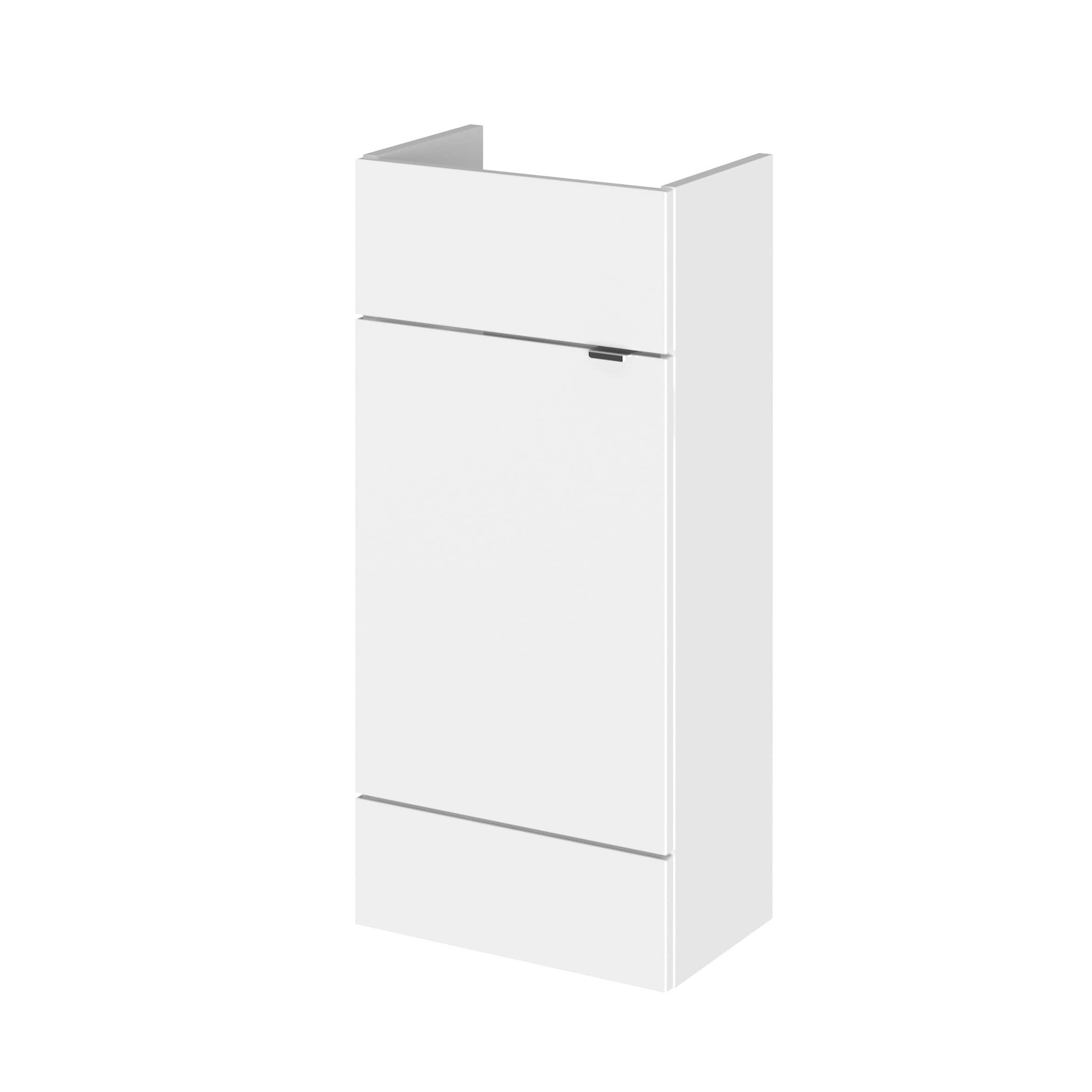 Minimalist white bathroom storage cabinet with sleek handleless design, ideal for contemporary bathrooms and en-suites.