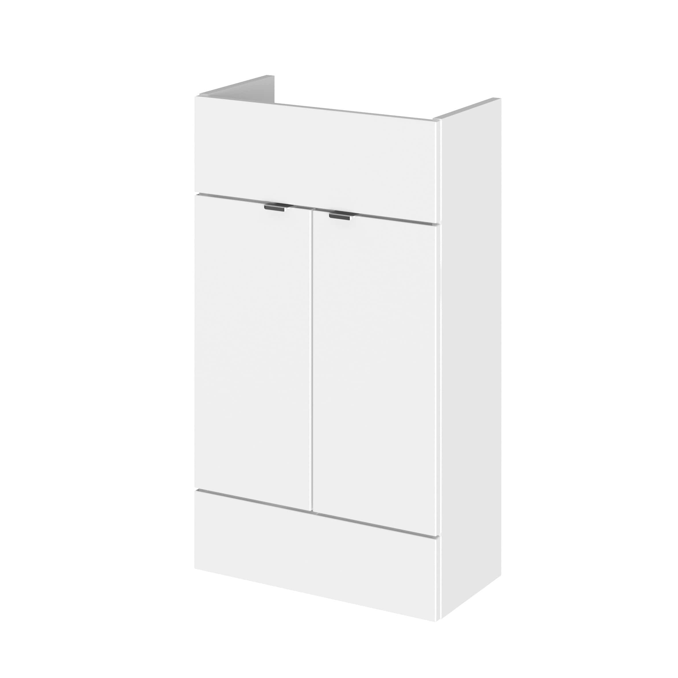 Sleek white bathroom cabinet with two doors and a top drawer, ideal for modern bathroom storage solutions. Featuring minimalist design and sturdy construction, perfect for organised bathroom spaces.