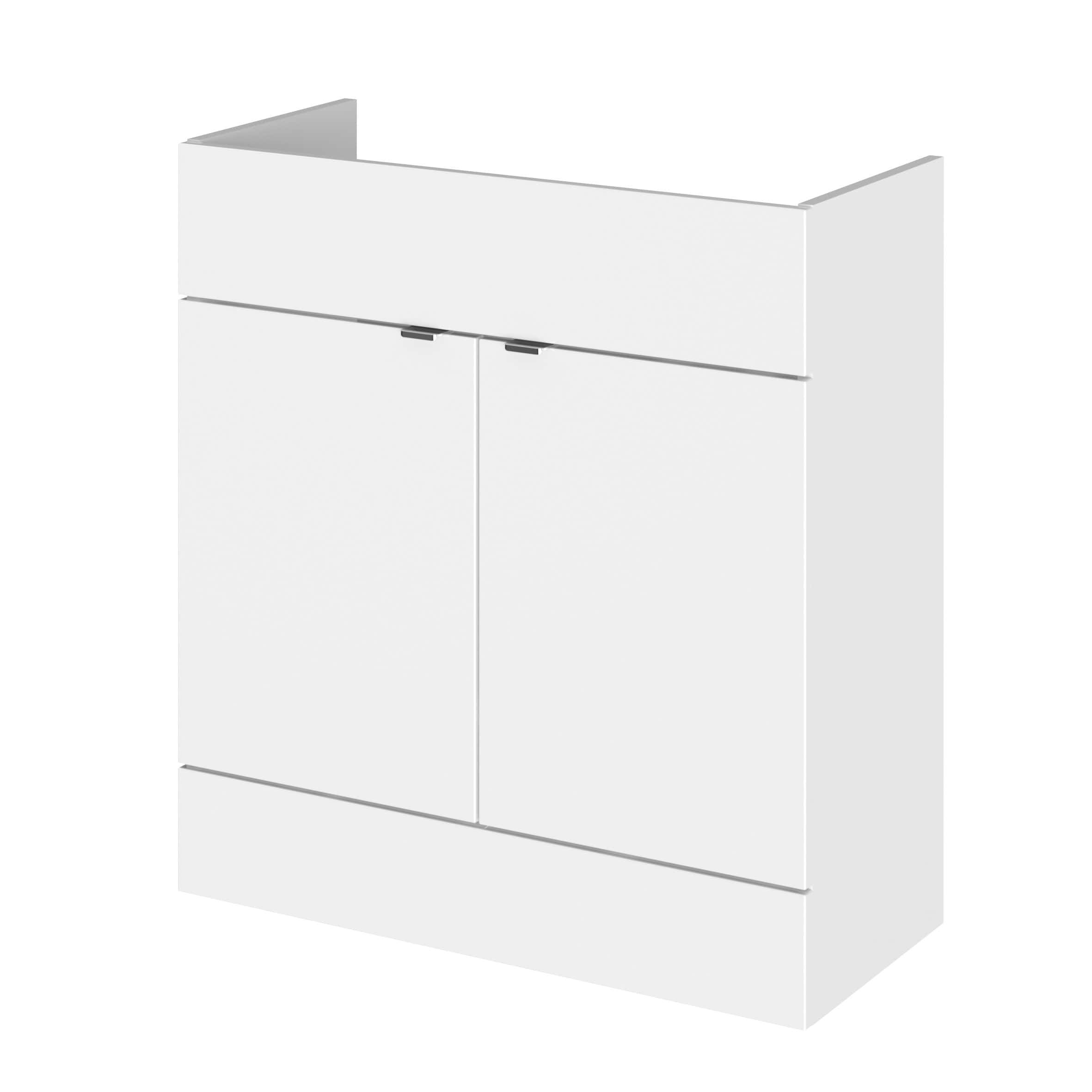Contemporary white bathroom vanity cabinet with sleek handle-less doors, ideal for modern bathrooms and bathroom renovations, providing stylish storage solutions.