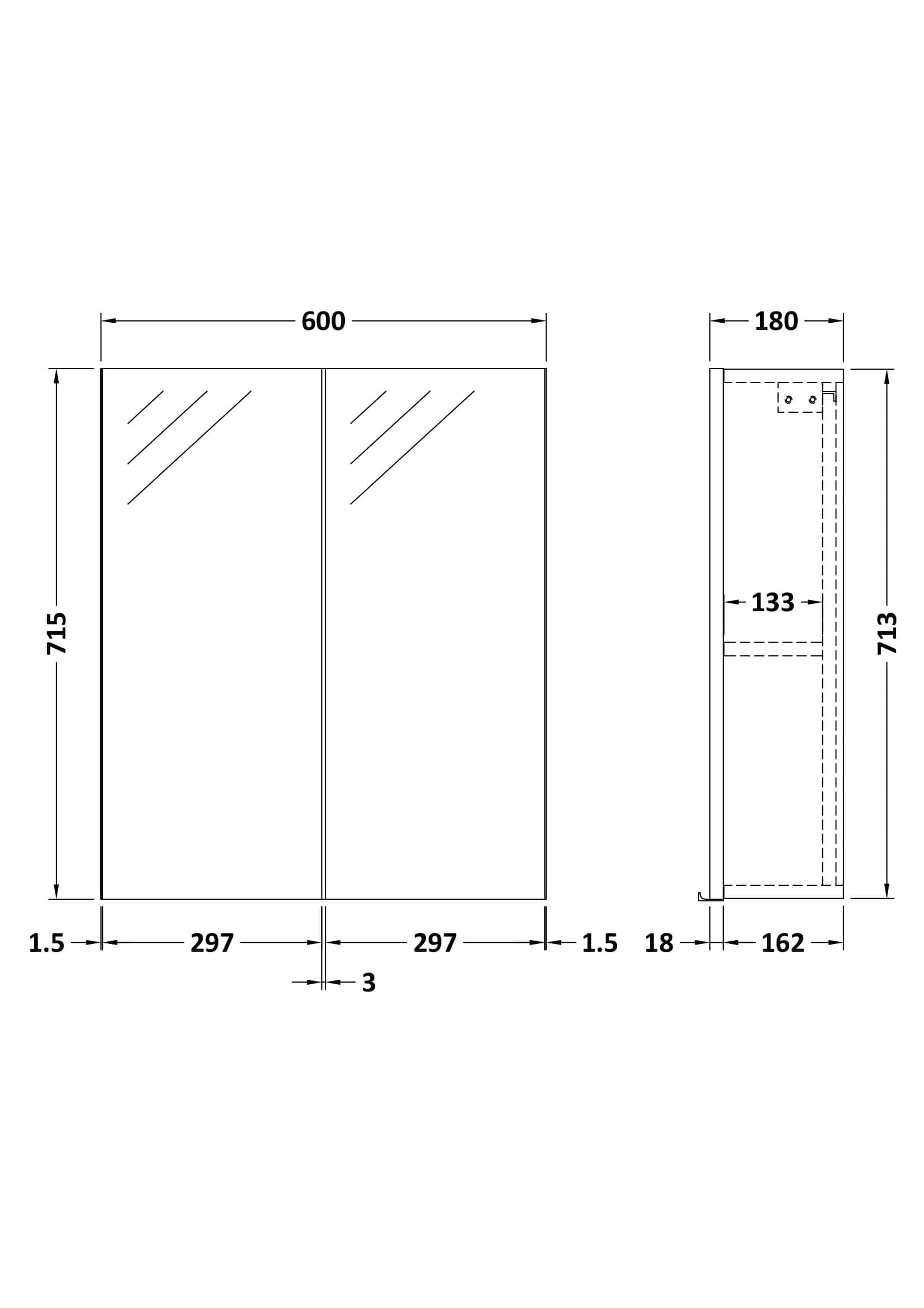 High-quality bathroom mirror cabinet with dimensions 600mm width and 715mm height, featuring sleek modern design, suitable for contemporary bathrooms, offers ample storage space.