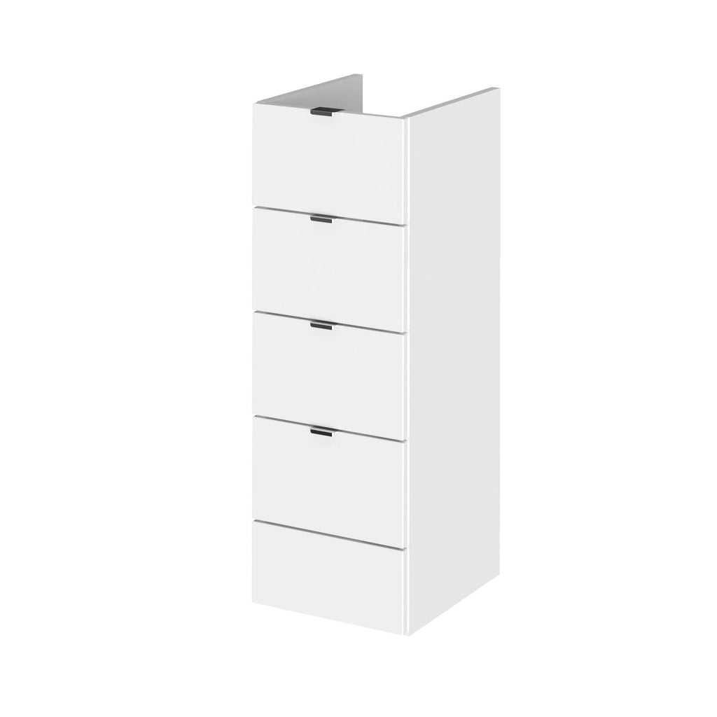Sleek white bathroom cabinet with five drawers, ideal for modern bathroom storage solutions. Designed for efficient space utilisation and stylish organisation in contemporary bathrooms.