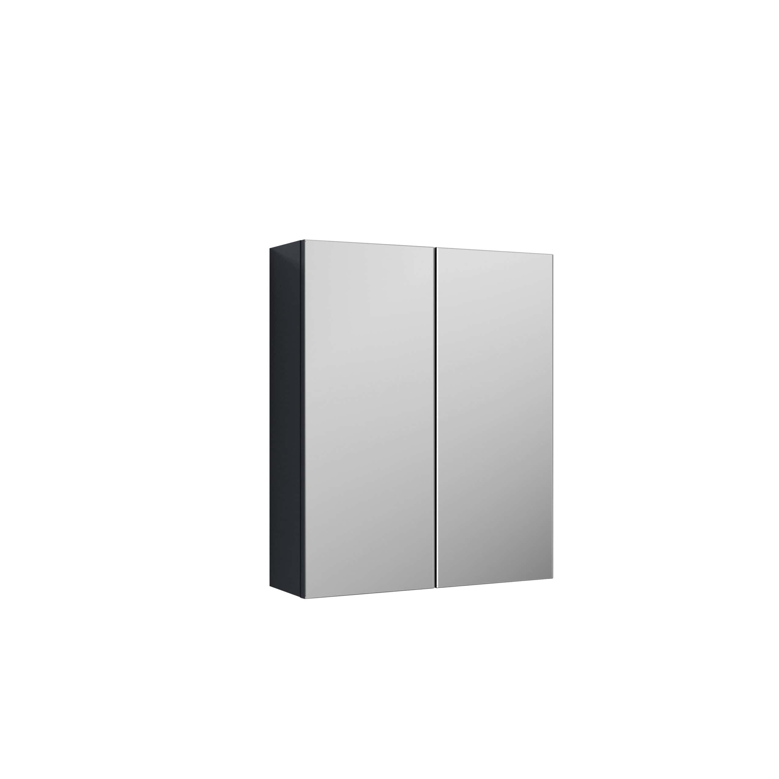 Sleek modern bathroom mirror cabinet with dual doors, black and silver finish, ideal for contemporary bathrooms, providing stylish storage and reflective surfaces.