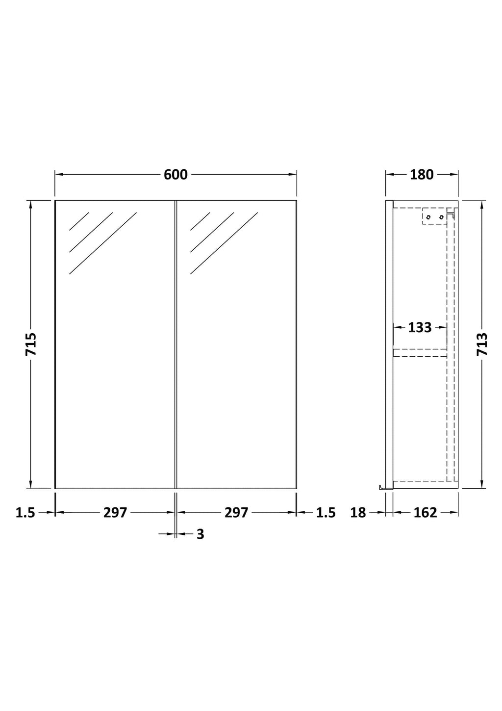 High-quality bathroom mirror cabinet with dimensions 600mm width and 715mm height, featuring a sleek modern design, perfect for contemporary bathrooms.