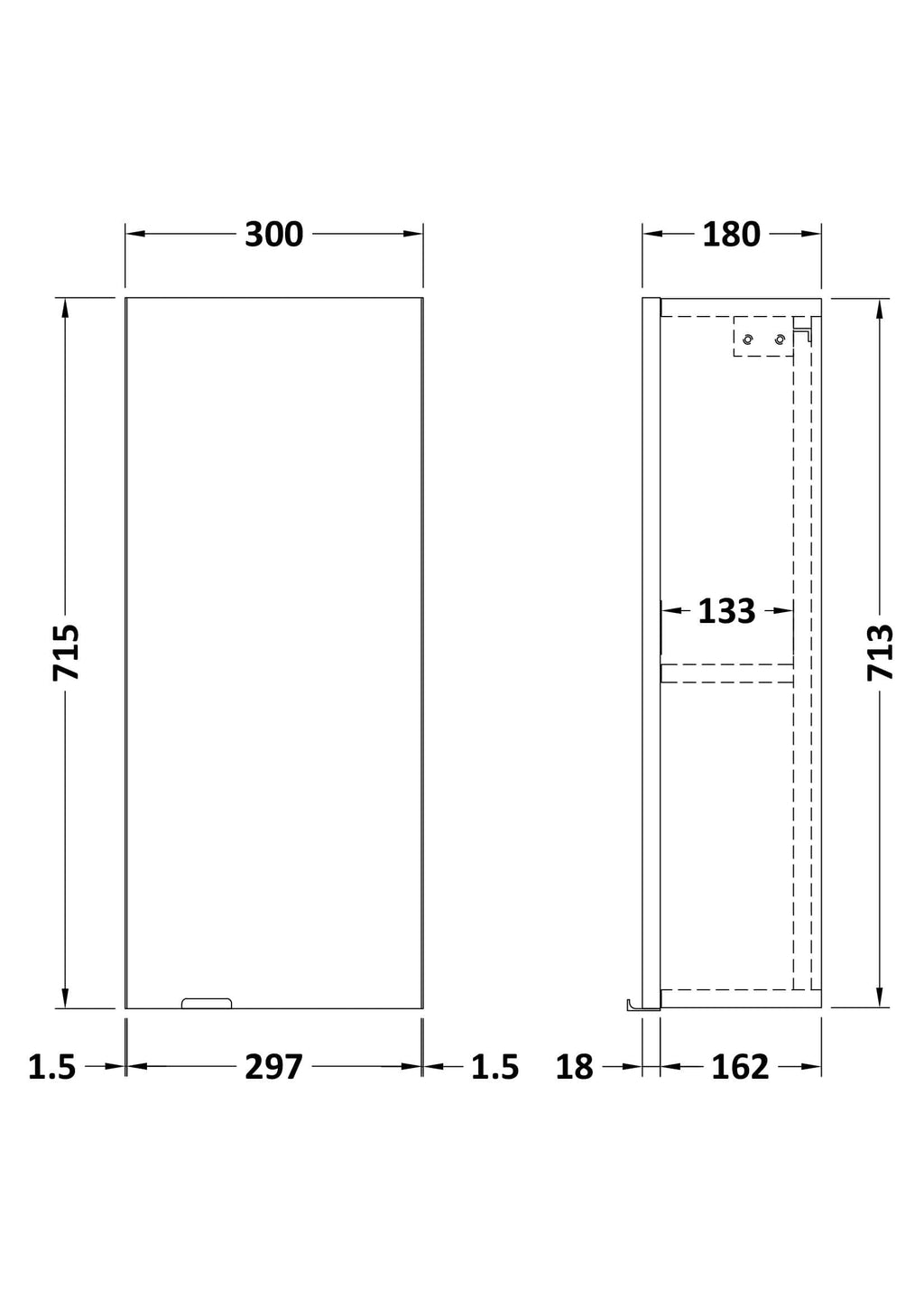 Modern bathroom storage cabinet with precise dimensions furniture design for Bubly Bathrooms UK.