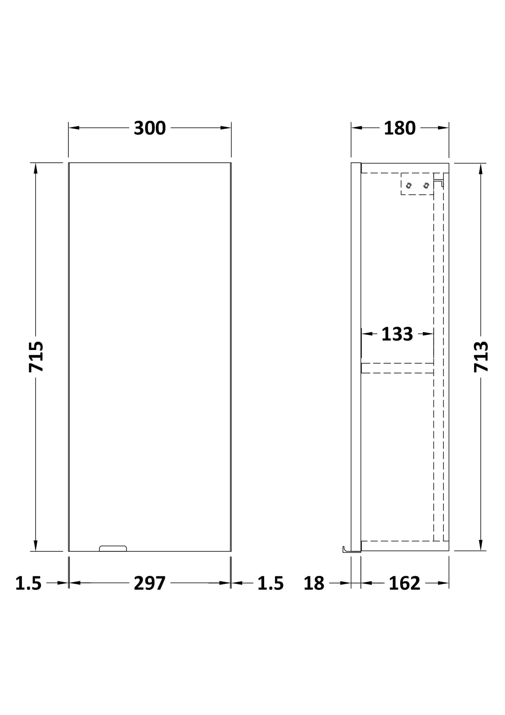 Modern bathroom storage cabinet with precise dimensions furniture design for Bubly Bathrooms UK.
