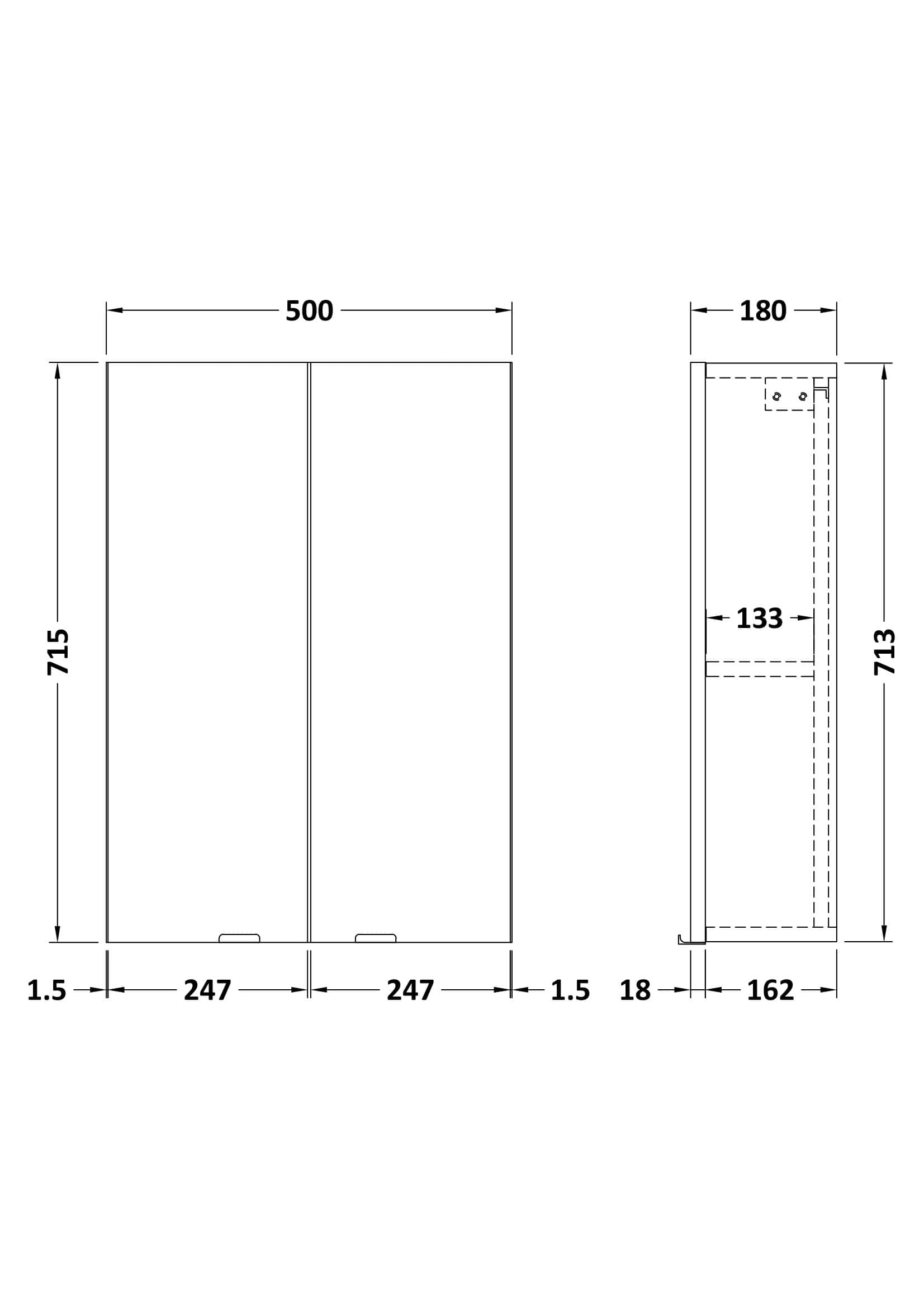 Modern bathroom storage cabinet with dimensions 500mm x 715mm, featuring sleek design and ample space for bathroom essentials, ideal for contemporary Bubly Bathrooms projects.
