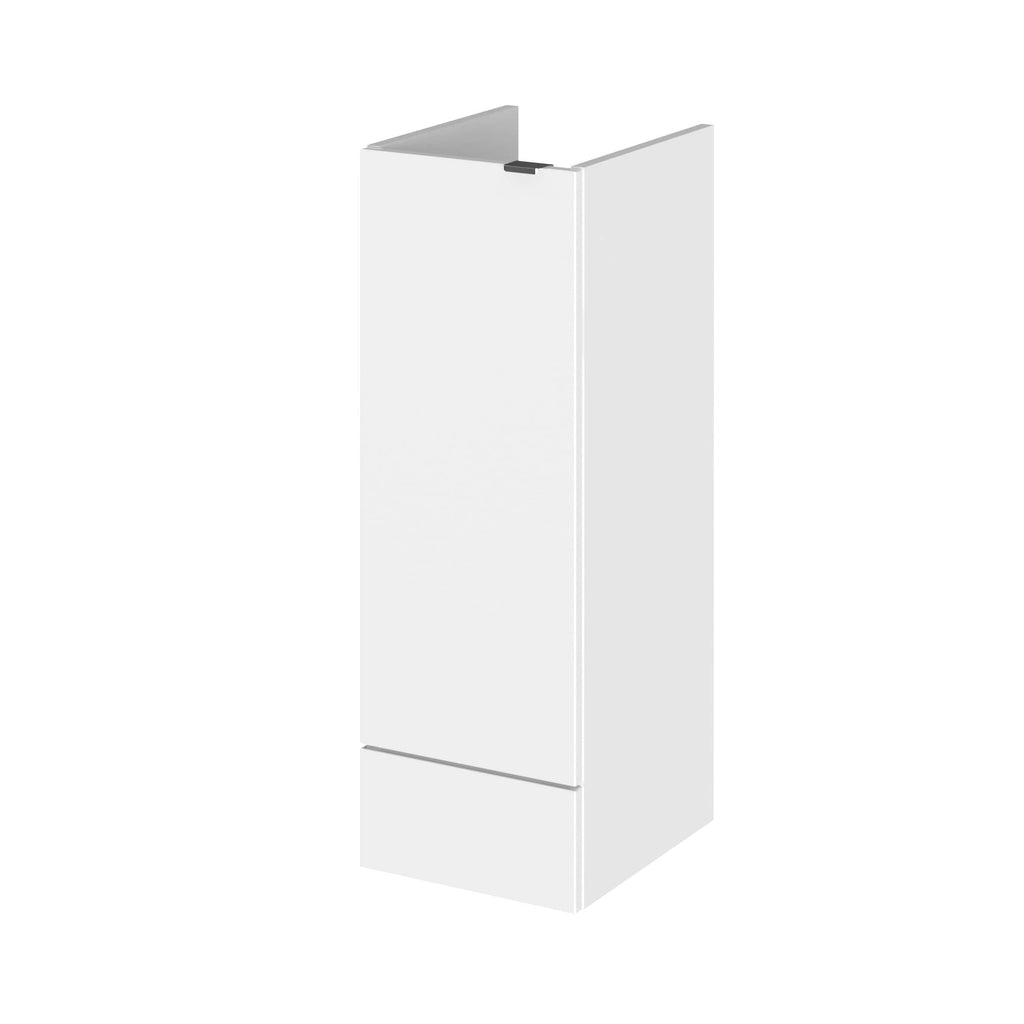 Modern white bathroom tall storage cabinet with sleek minimalist design and handle-less doors, ideal for organising bathroom essentials.