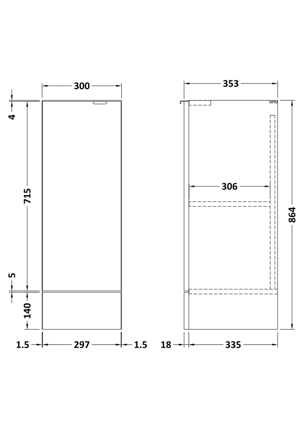 Modern bathroom storage cabinet with detailed dimensions, sleek design, and ample space for organisers and toiletries. Ideal for contemporary bathroom interiors.