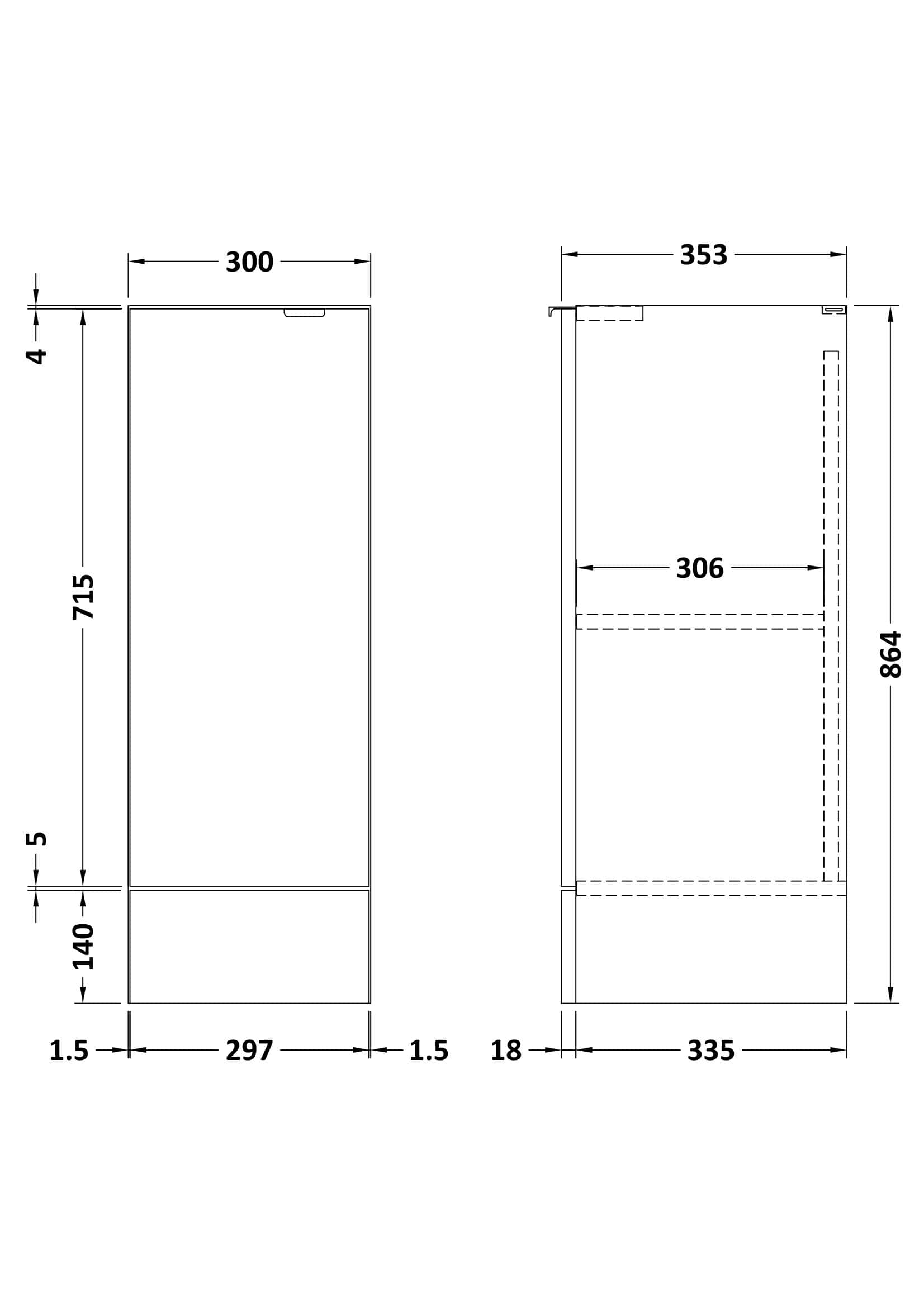 Modern bathroom storage cabinet with detailed dimensions, sleek design, and ample space for organisers and toiletries. Ideal for contemporary bathroom interiors.