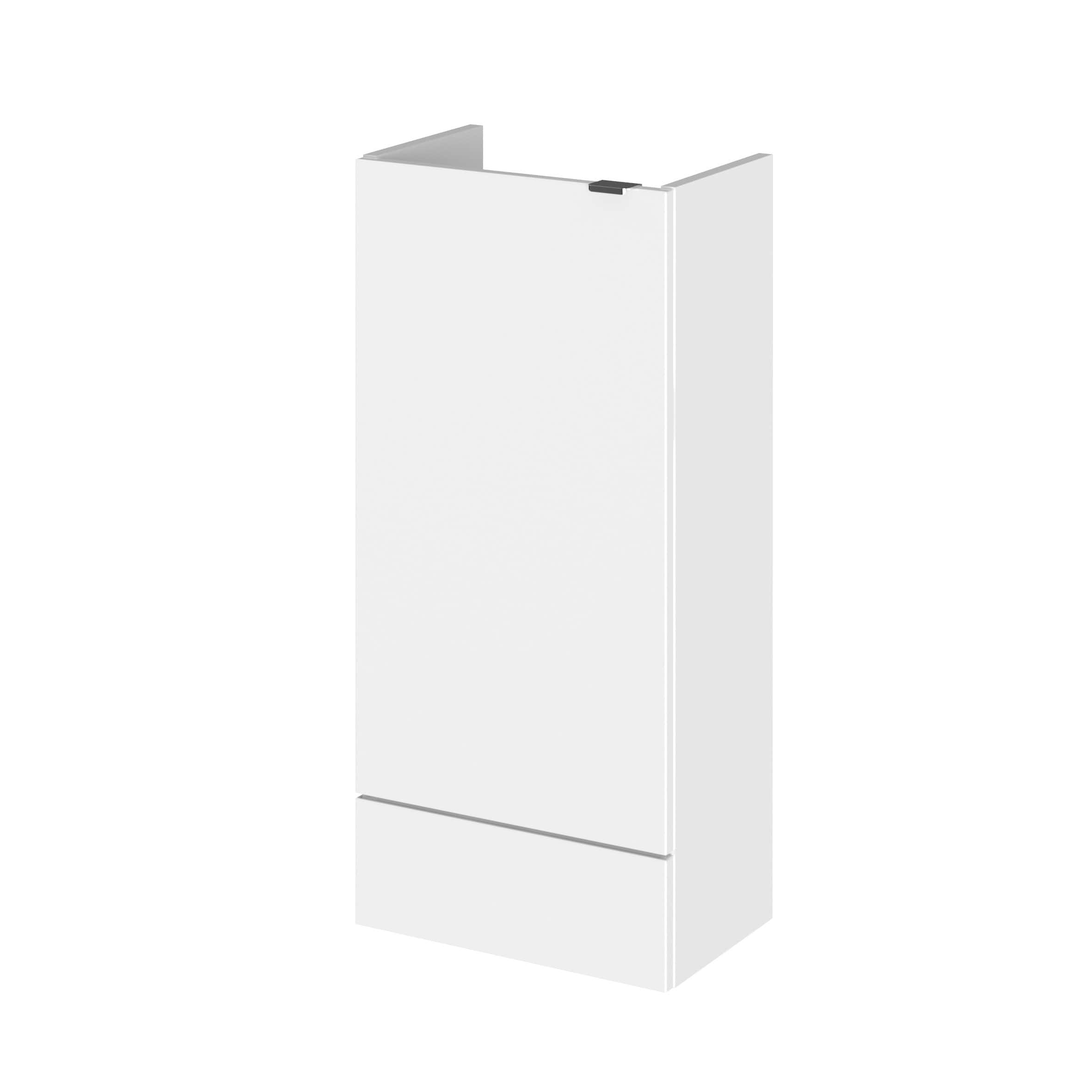 Slim white bathroom storage cabinet with sleek modern design and a handleless door for a minimalist look. Perfect for bathroom organisation and space-saving storage solutions.
