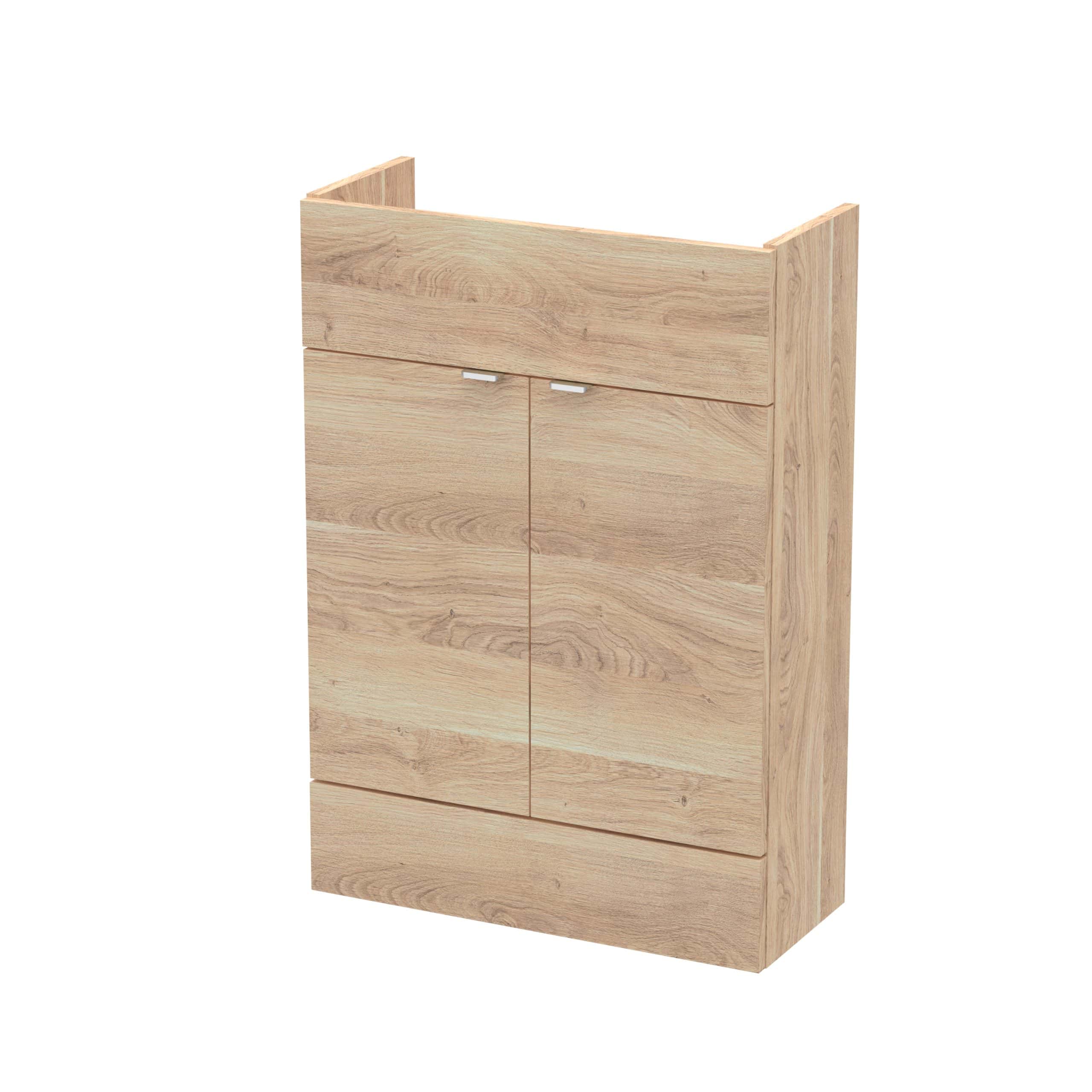 Modern wooden bathroom cabinet with natural oak finish, sleek design, and ample storage space for bathroom essentials. Perfect for enhancing bathroom organisation and style.