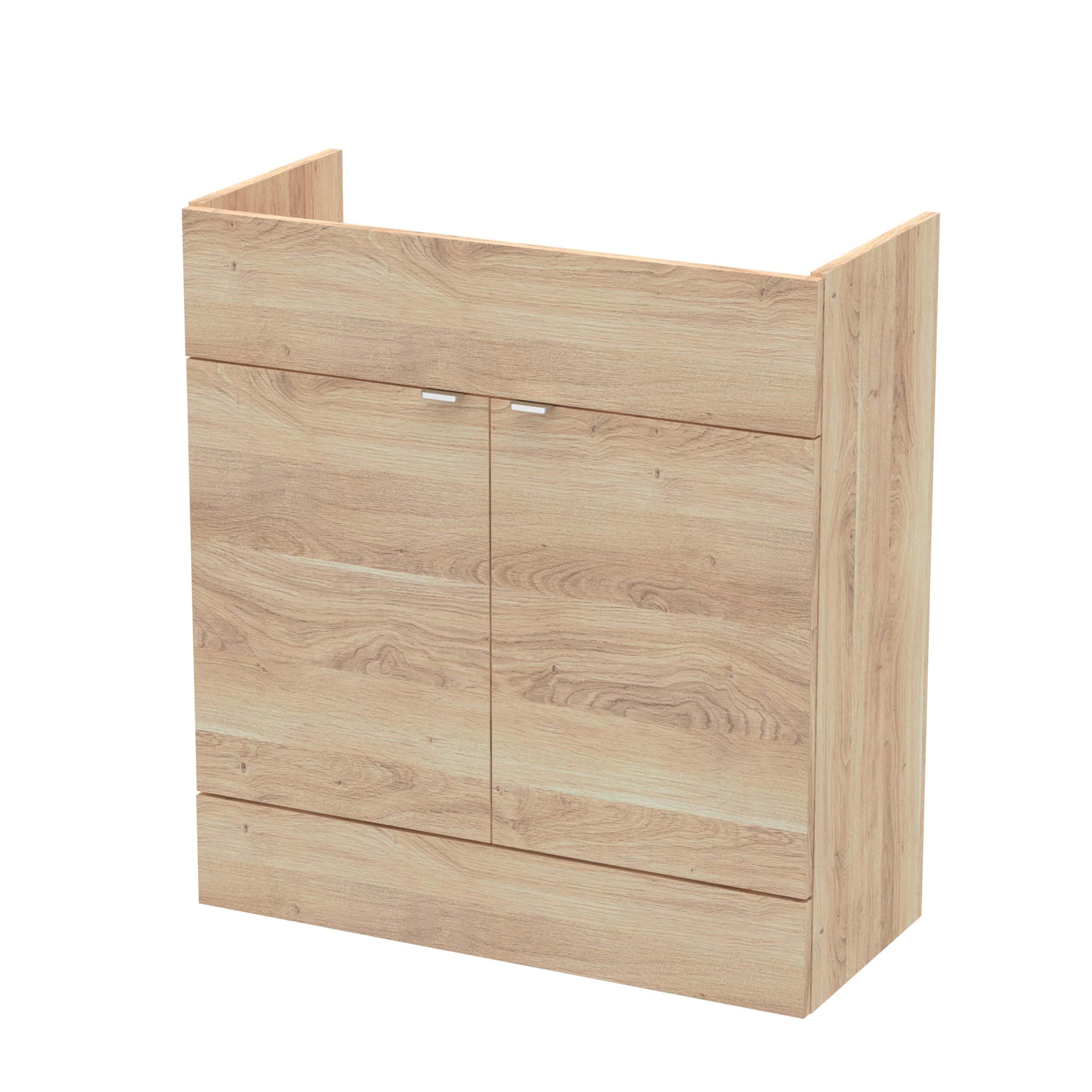 Natural oak bathroom cabinet with two doors, modern storage solution for contemporary bathrooms.