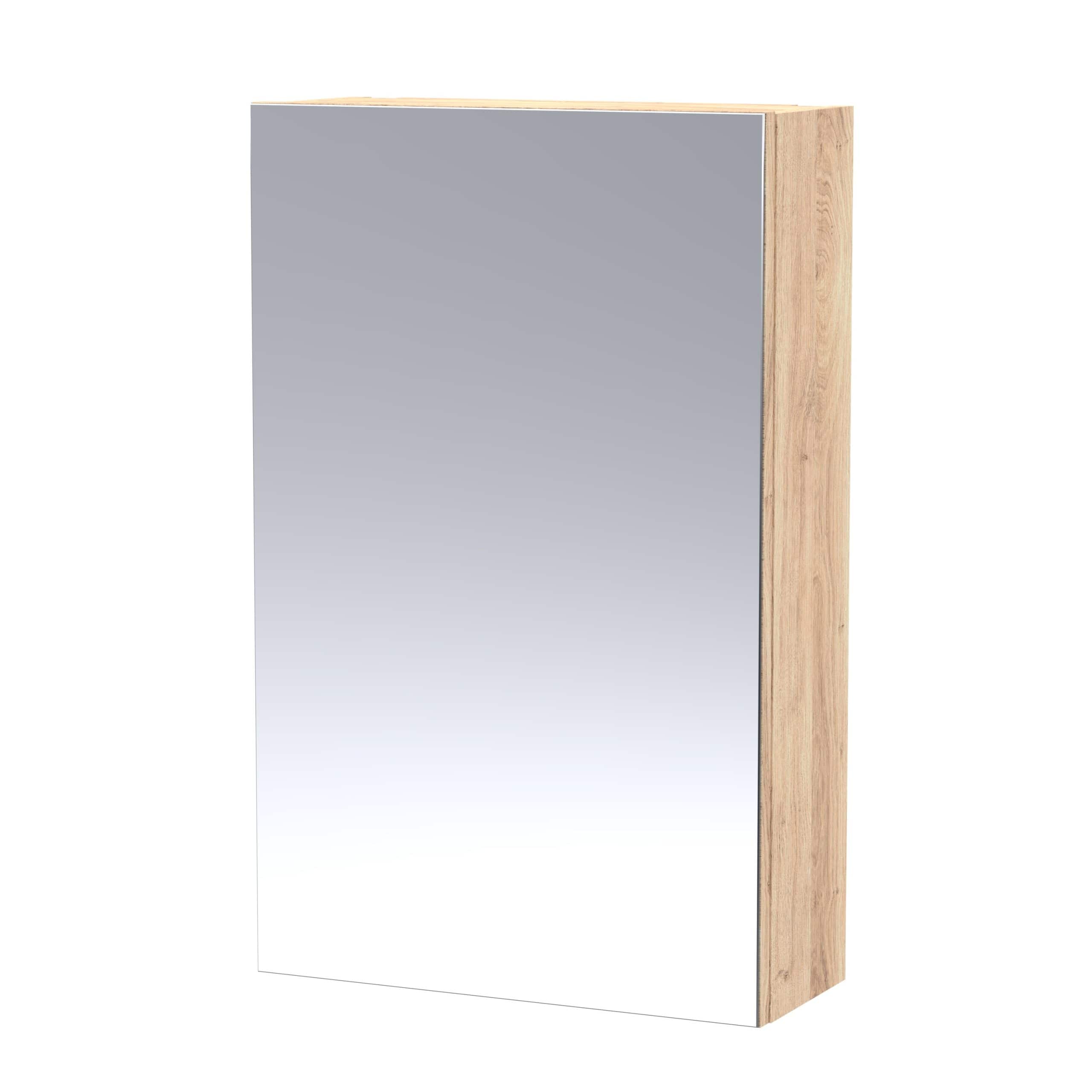 Shaving cabinet with wooden side panels and a mirrored front, designed for modern bathroom storage and organisation. Perfect for contemporary bathroom interiors.