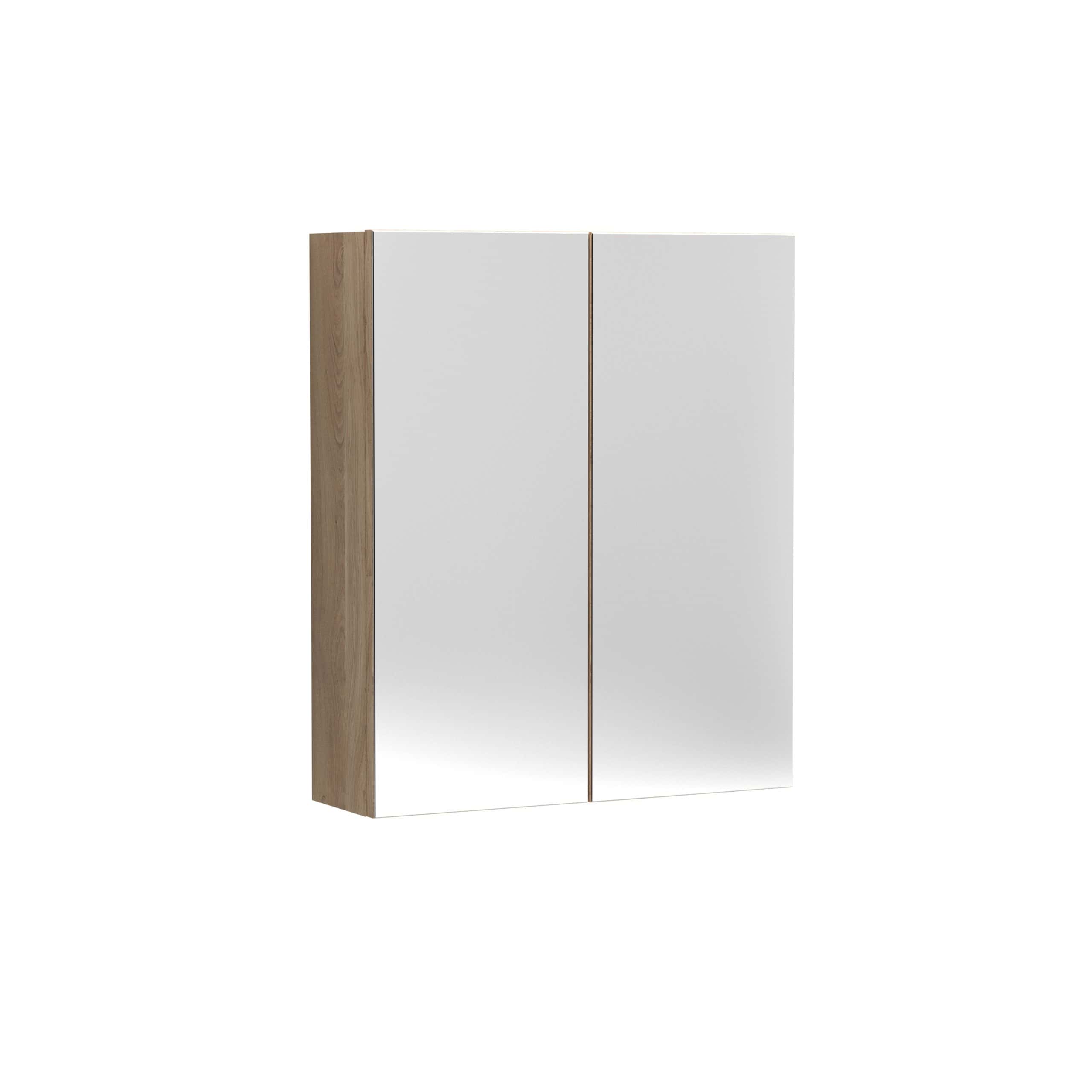 Sleek modern bathroom cabinet with a wood finish and mirrored doors, ideal for contemporary bathroom storage solutions. Designed for optimal space and style.