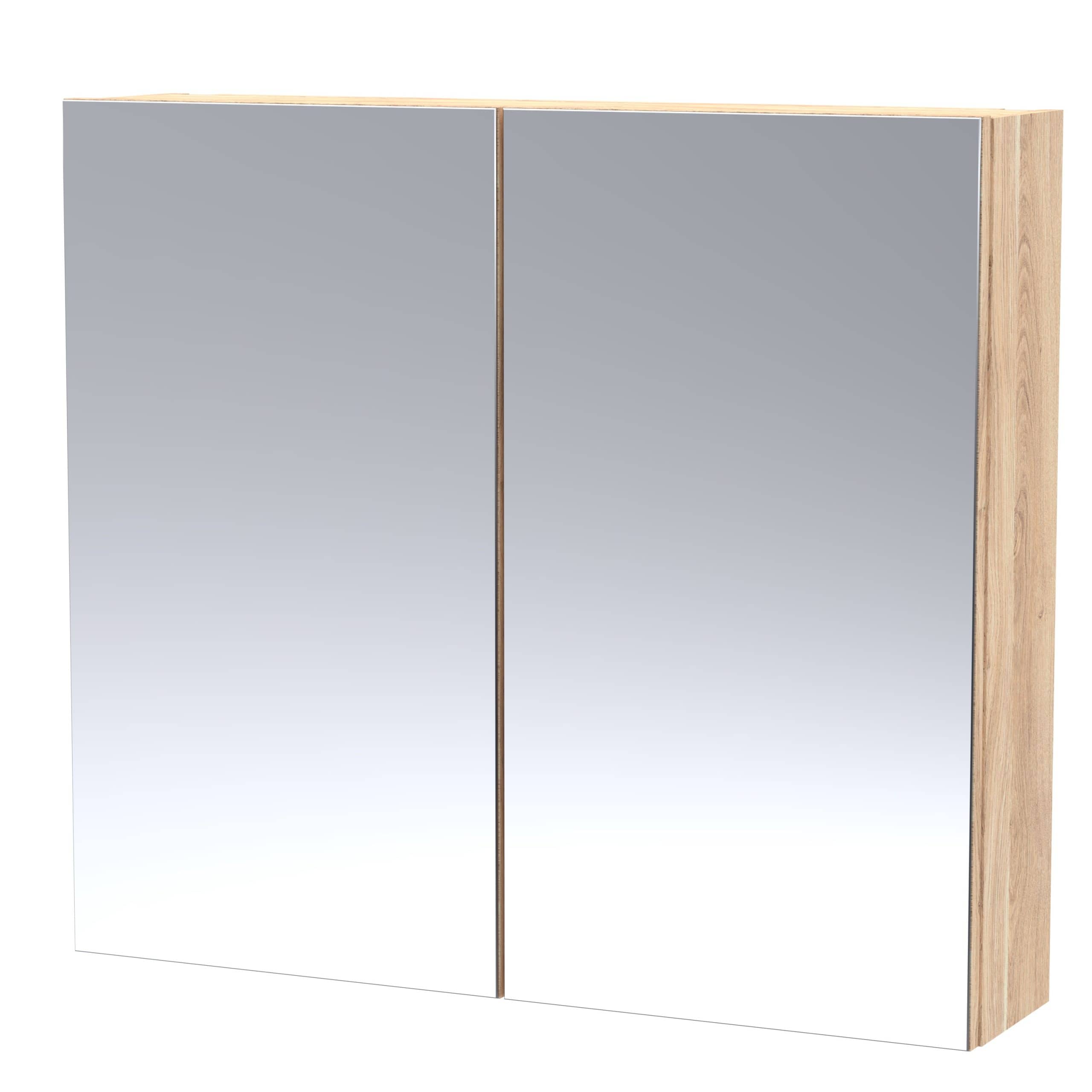 Modern wooden bathroom mirror cabinet with sleek, reflective dual doors, providing stylish and functional bathroom storage solutions. Perfect for contemporary bathroom interiors.
