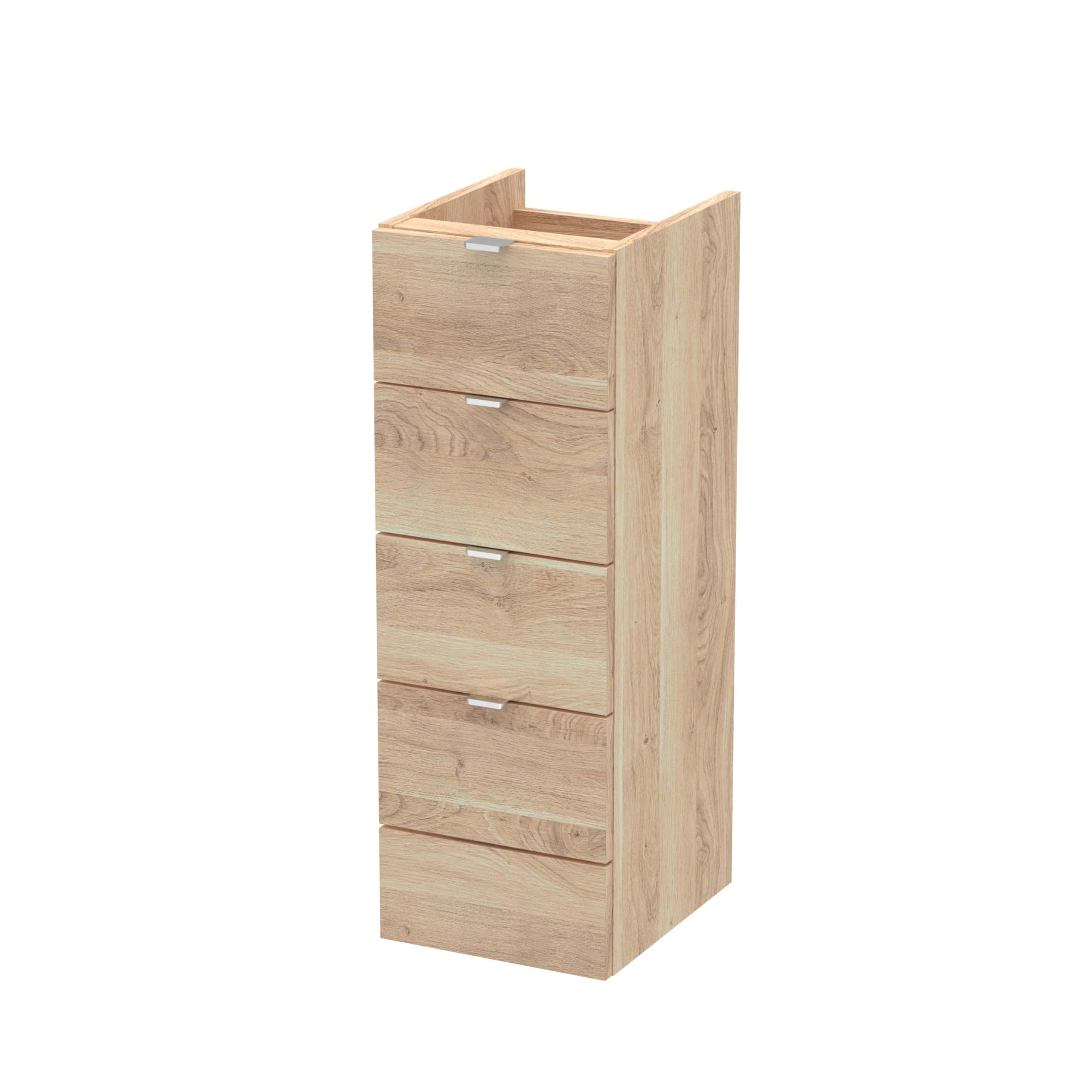 Natural oak bathroom storage cabinet with multiple drawers, modern design, and sleek white handles, ideal for organising bathroom essentials in stylish Bubly Bathrooms.