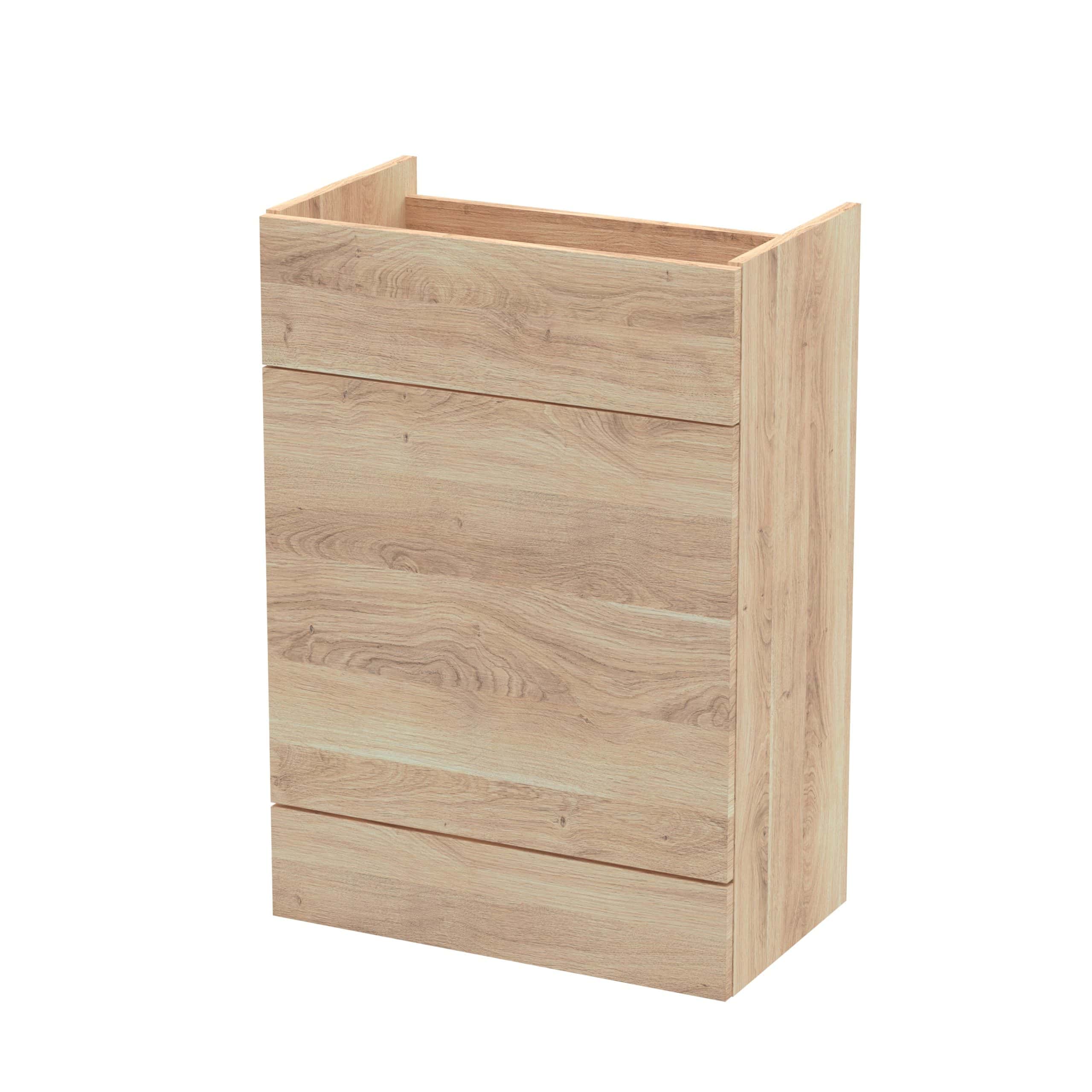 Natural wood bathroom storage cabinet with two drawers, ideal for organising toiletries and accessories, crafted from durable oak.