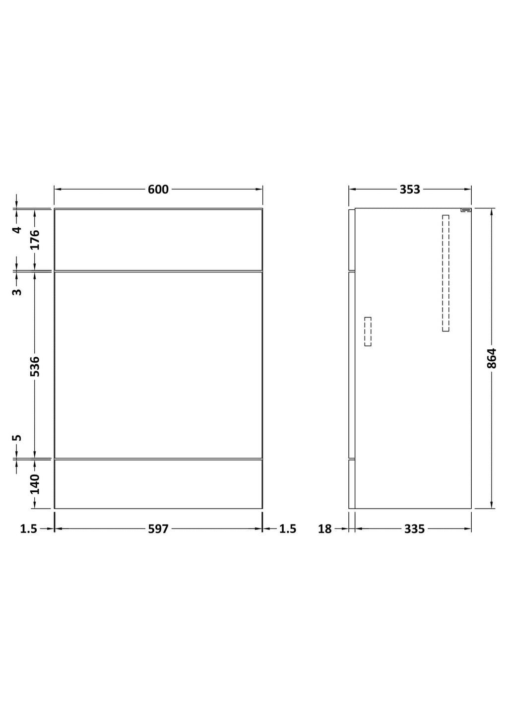 Modern bathroom vanity cabinet with detailed technical drawing, dimensions, and measurements for custom bathroom installations and design.
