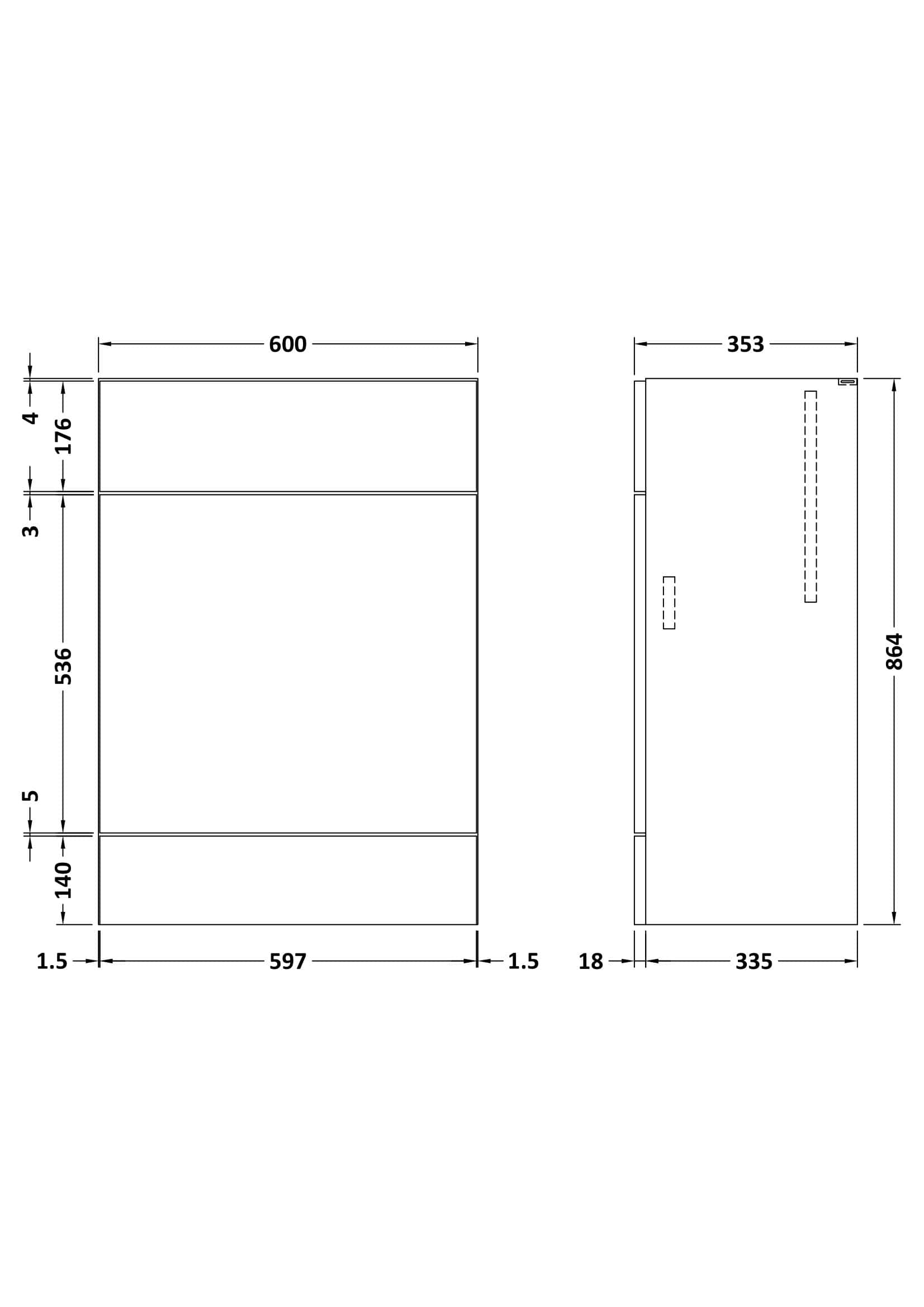 Modern bathroom vanity cabinet with detailed technical drawing, dimensions, and measurements for custom bathroom installations and design.