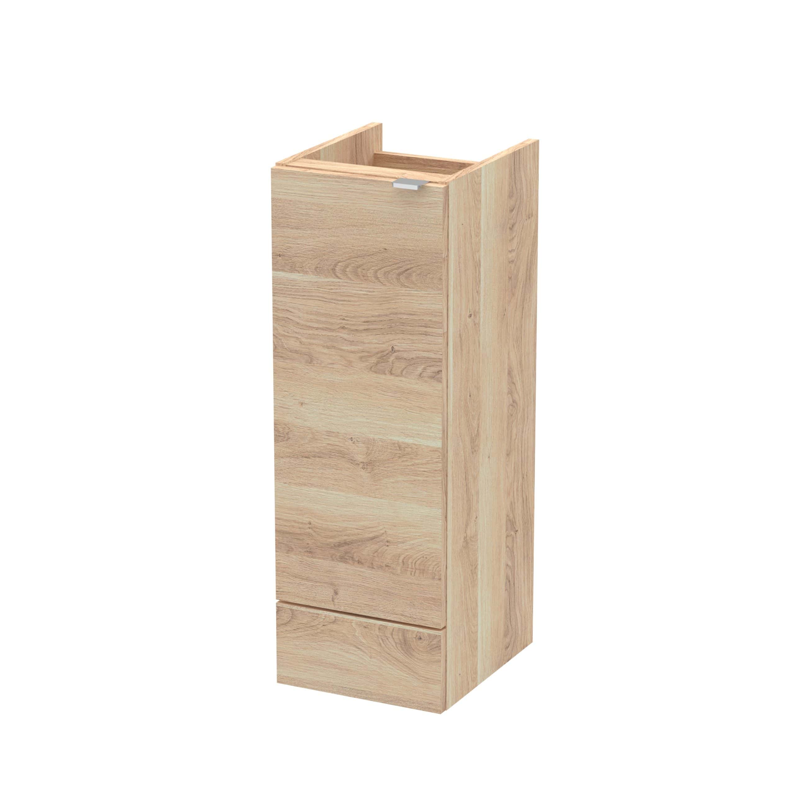 Wooden bathroom cabinet with two drawers and open shelving, made of natural oak finish, perfect for modern bathroom storage solutions.