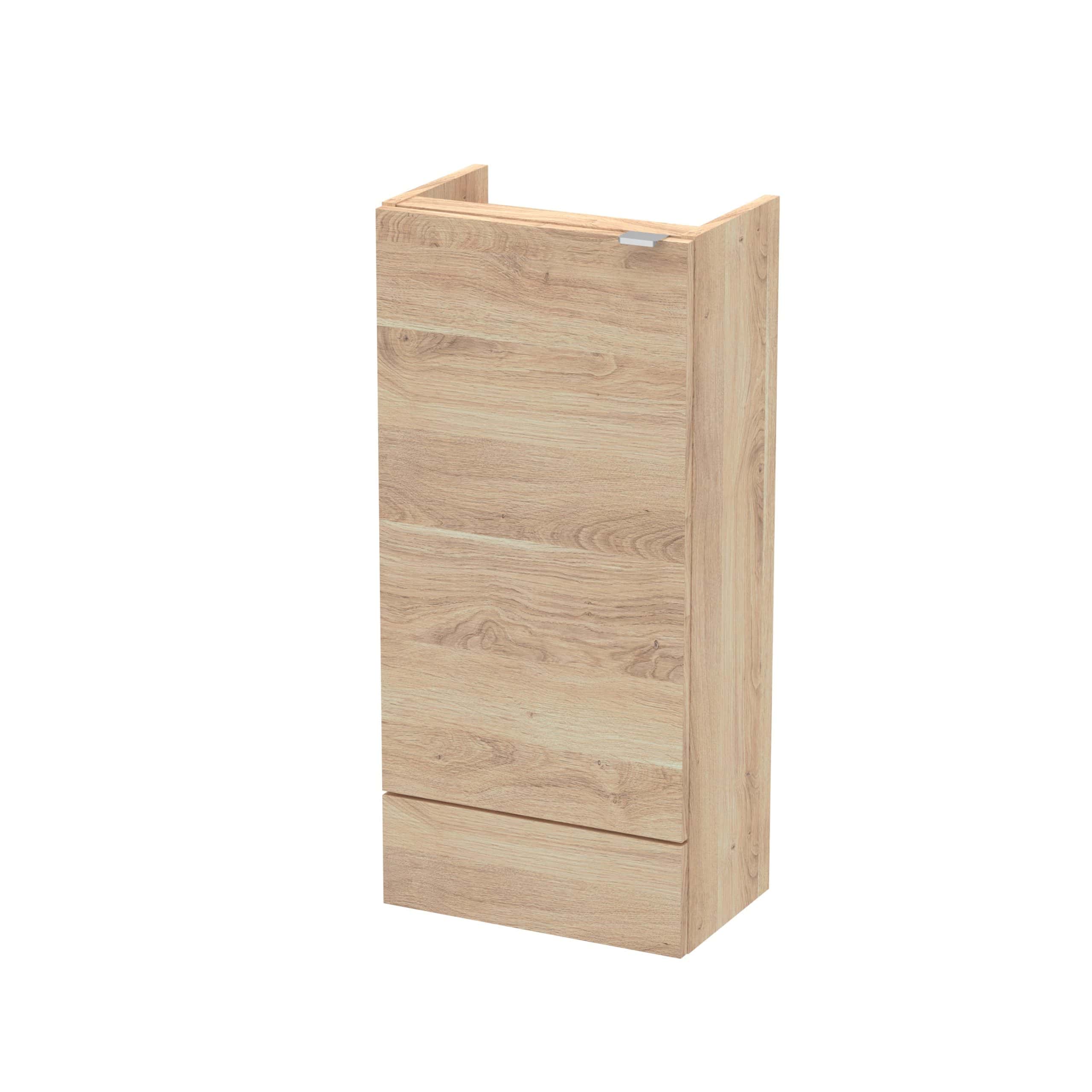 Rustic oak bathroom cabinet with two pull-out drawers, modern storage solution for compact bathrooms, featuring a sleek, minimalist design for practical organisation.