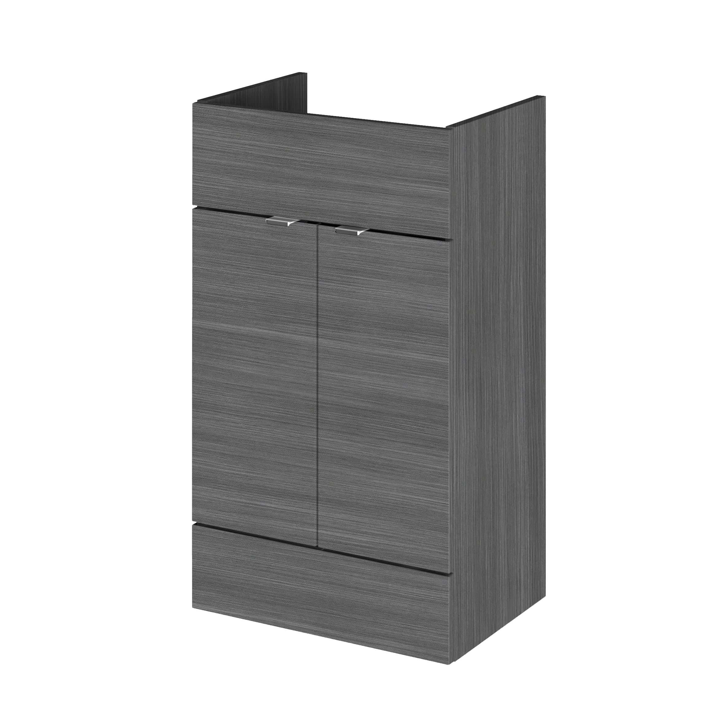 Sleek grey bathroom cabinet with modern design, two doors, and a top open shelf, ideal for bathroom storage solutions and contemporary bathroom decor.