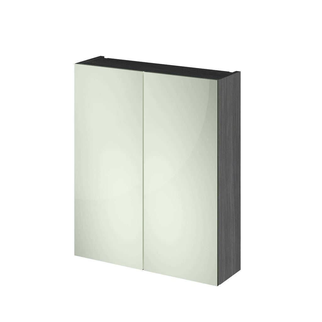 Pantry cabinet with mirrored doors, ideal for modern bathrooms, providing stylish storage solutions and enhancing space with sleek black and white design.
