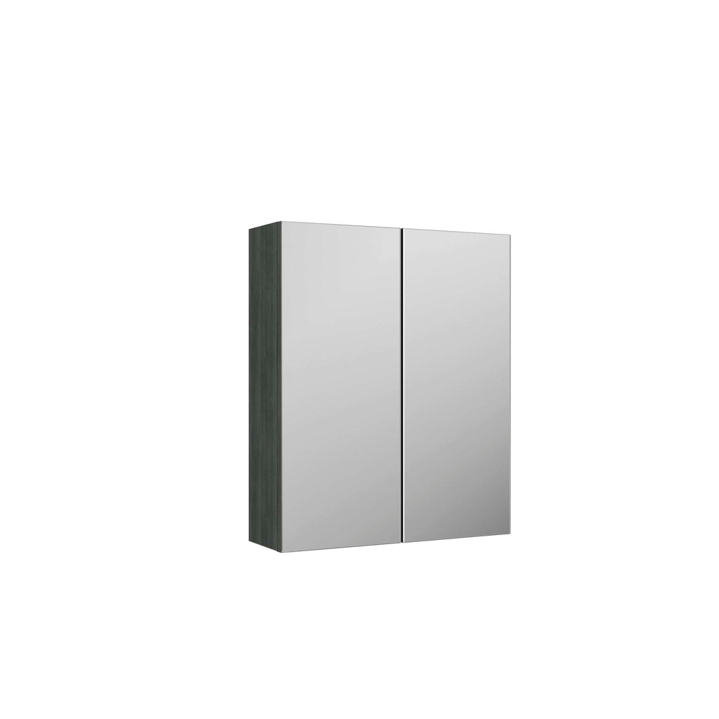 Sleek modern bathroom cabinet with mirrored doors and wooden side panels, ideal for contemporary bathroom storage solutions.