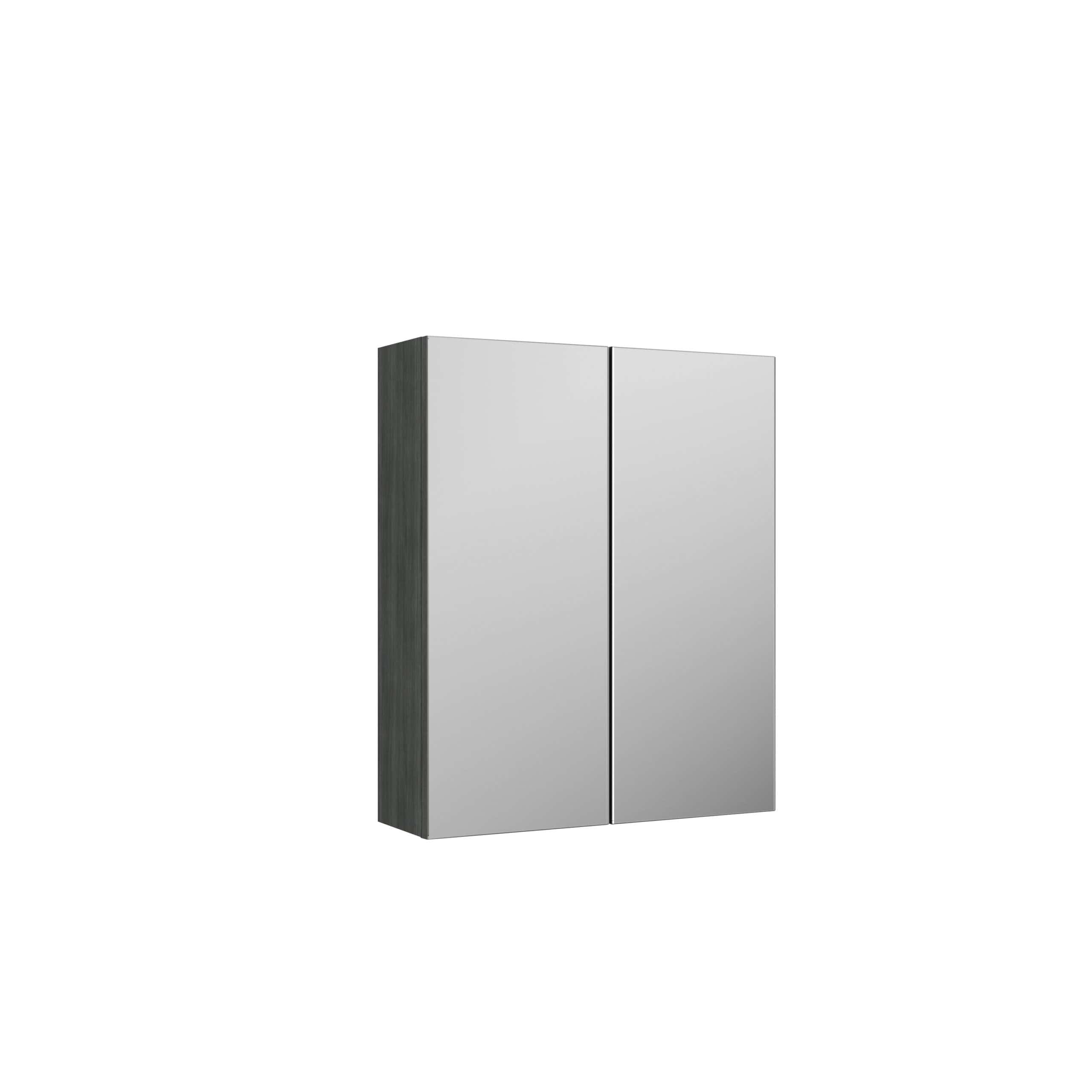 Sleek modern bathroom cabinet with mirrored doors and wooden side panels, ideal for contemporary bathroom storage solutions.