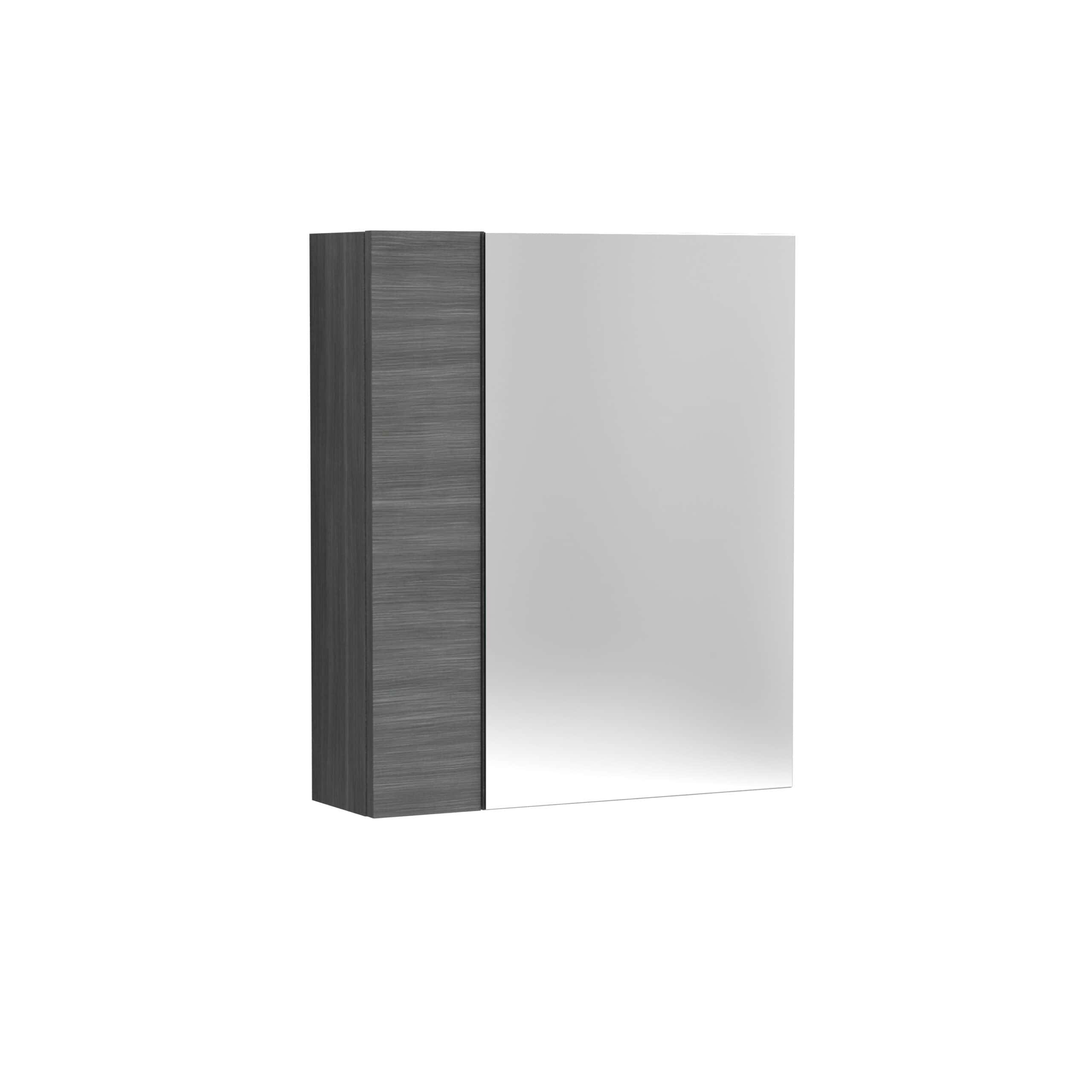 Sleek modern bathroom mirror with a stylish wood-effect frame, perfect for contemporary bathroom renovations and space-saving designs.