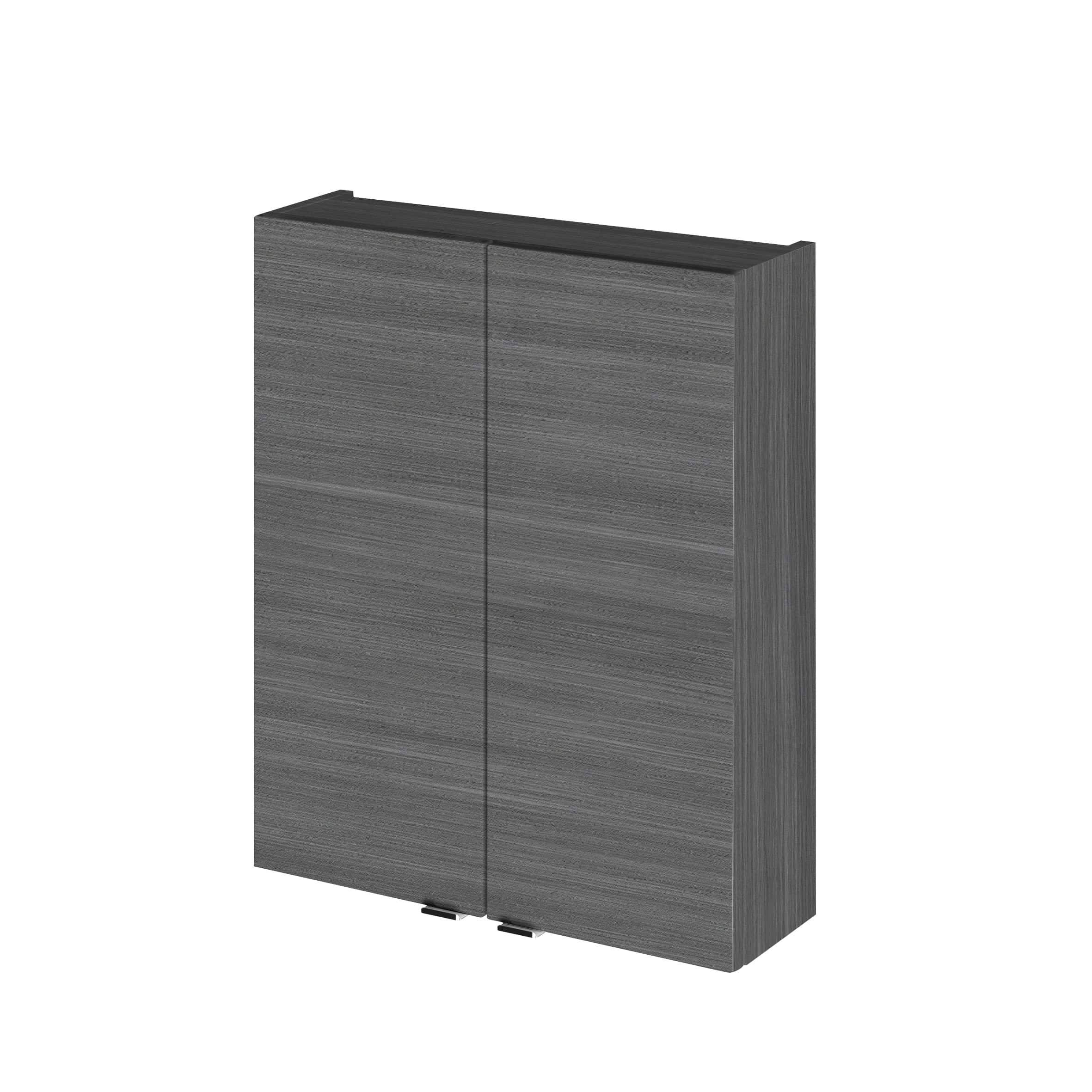 Sleek grey bathroom storage cabinet with a modern wood grain finish, perfect for organising toiletries and bathroom essentials in contemporary bathrooms.