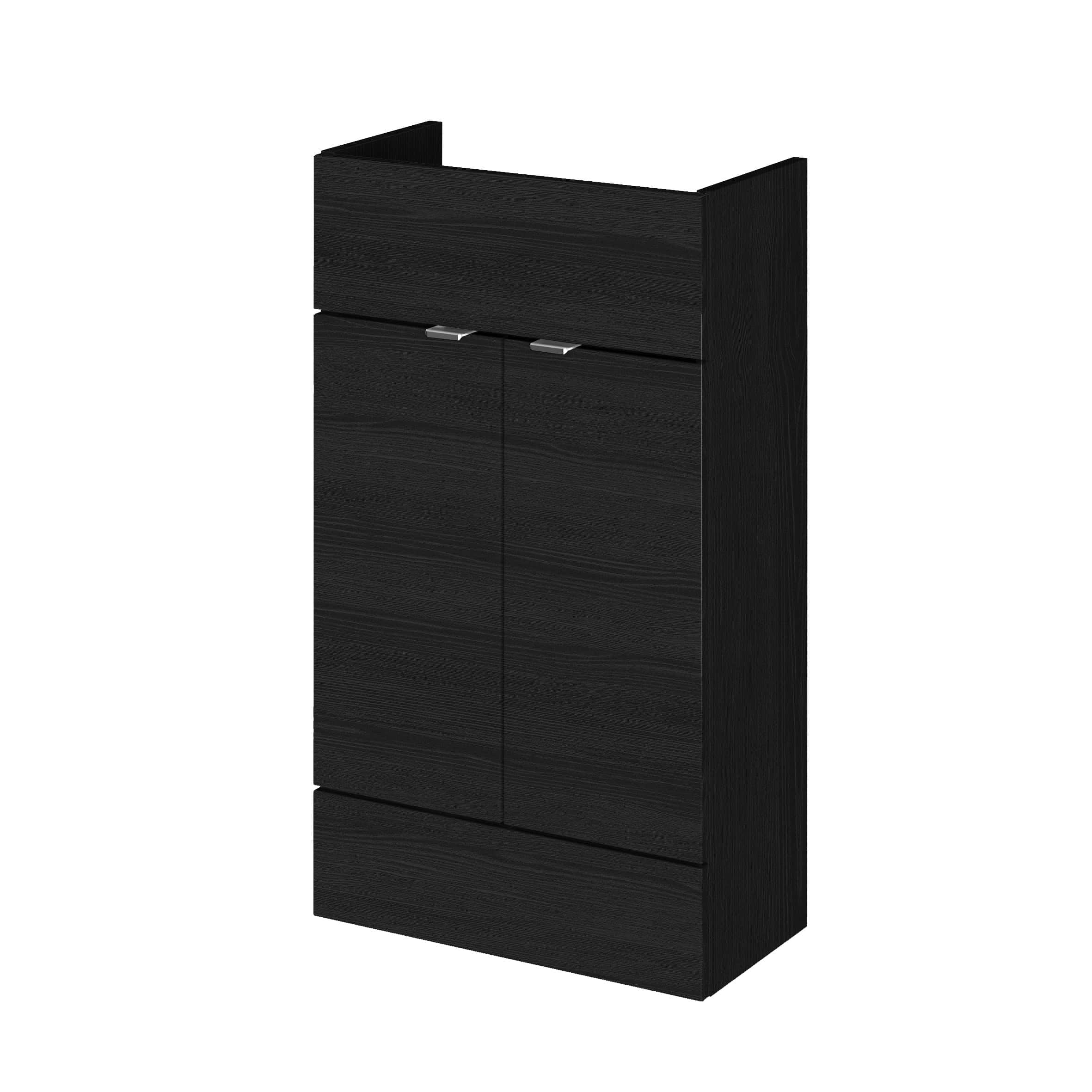 Sleek black bathroom cabinet with modern design, ample storage space, and smooth finish for stylish bathroom organisation. Perfect for contemporary bathroom decor and functional neatness.