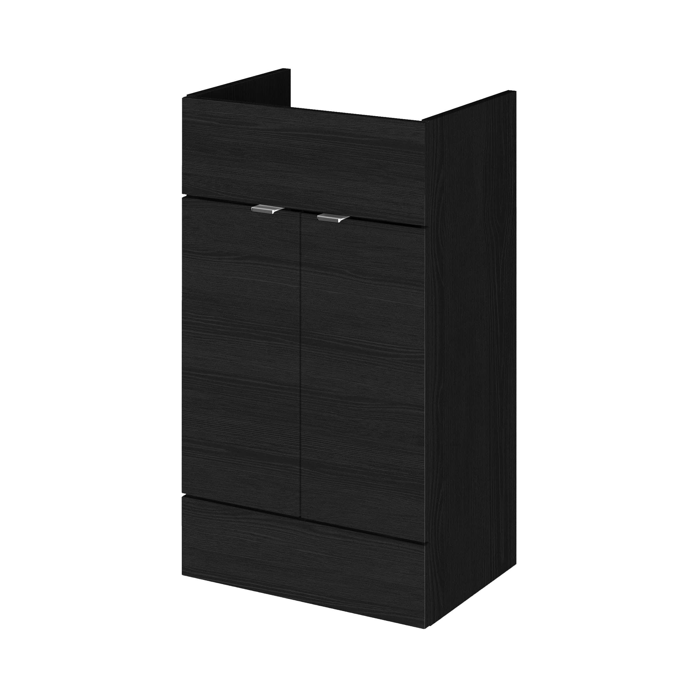 Stylish black bathroom cabinet with sleek handles, ideal for modern bathroom storage solutions. Durable design perfect for organising toiletries and enhancing bathroom aesthetics.
