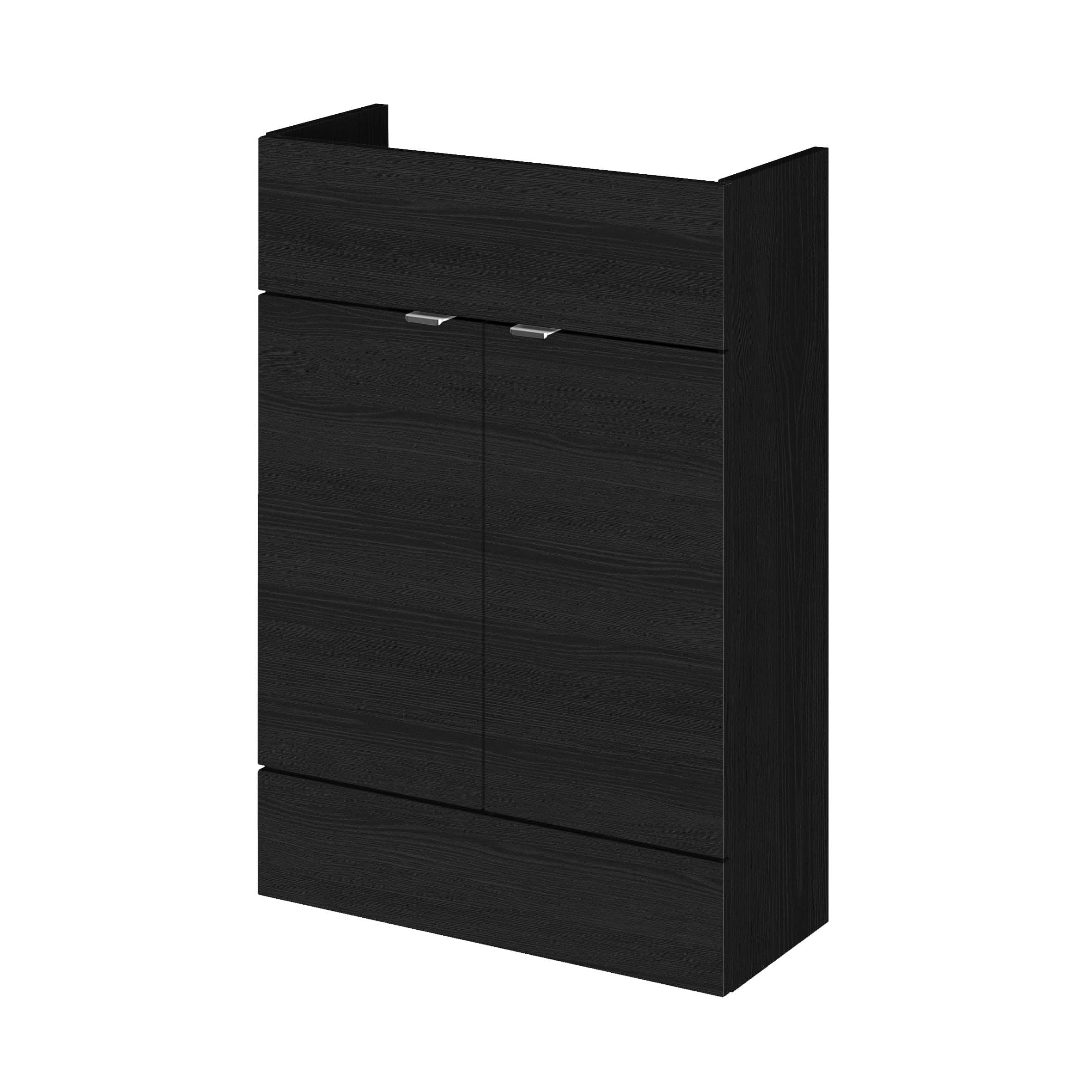 Black bathroom cabinet with sleek modern design, perfect for bathroom storage and organisation. Made from durable materials, features two spacious doors and minimalistic style for contemporary bathrooms.