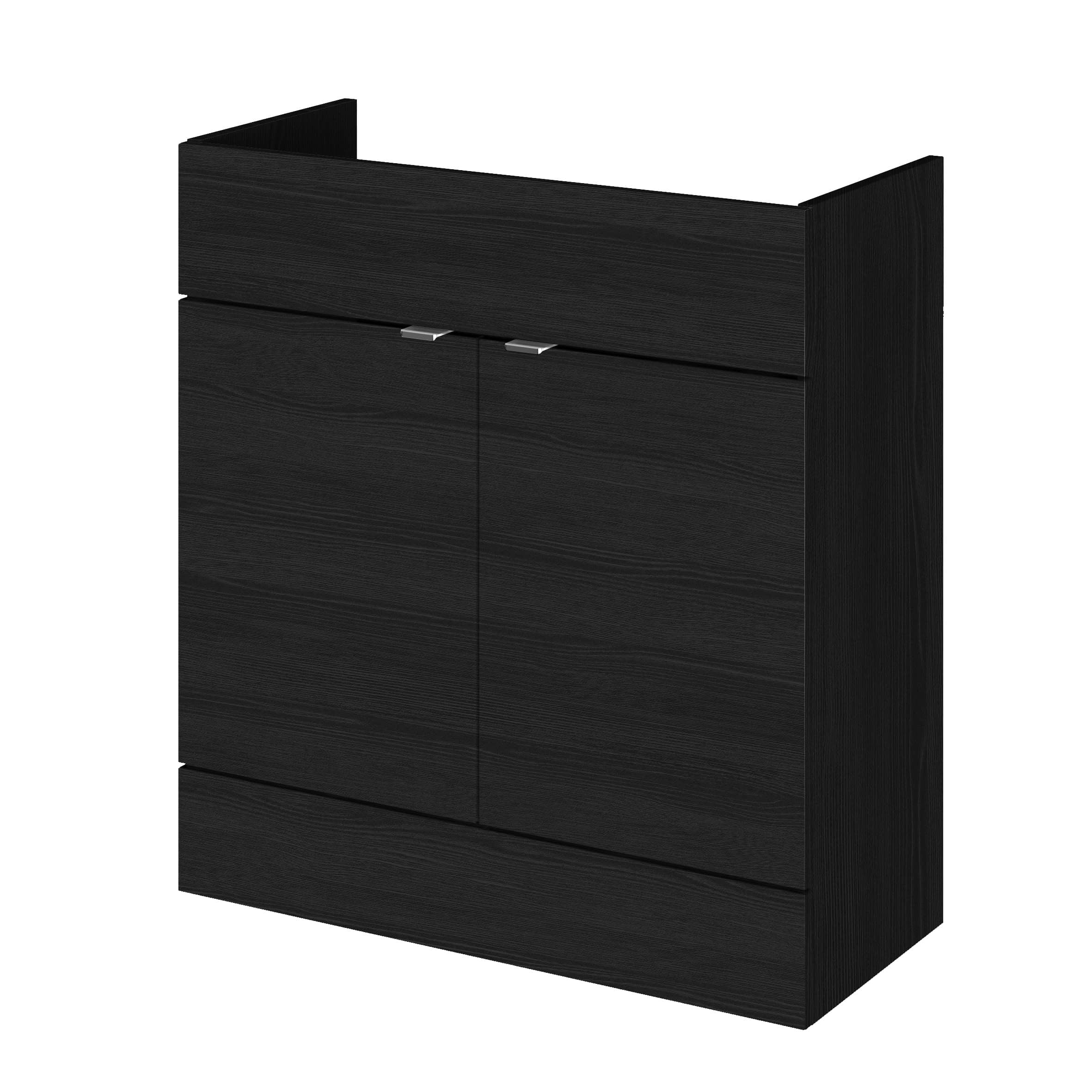 Modern black bathroom cabinet with concealed storage and sleek design, ideal for contemporary bathrooms. Perfect for organising toiletries and accessories subtly and stylishly.