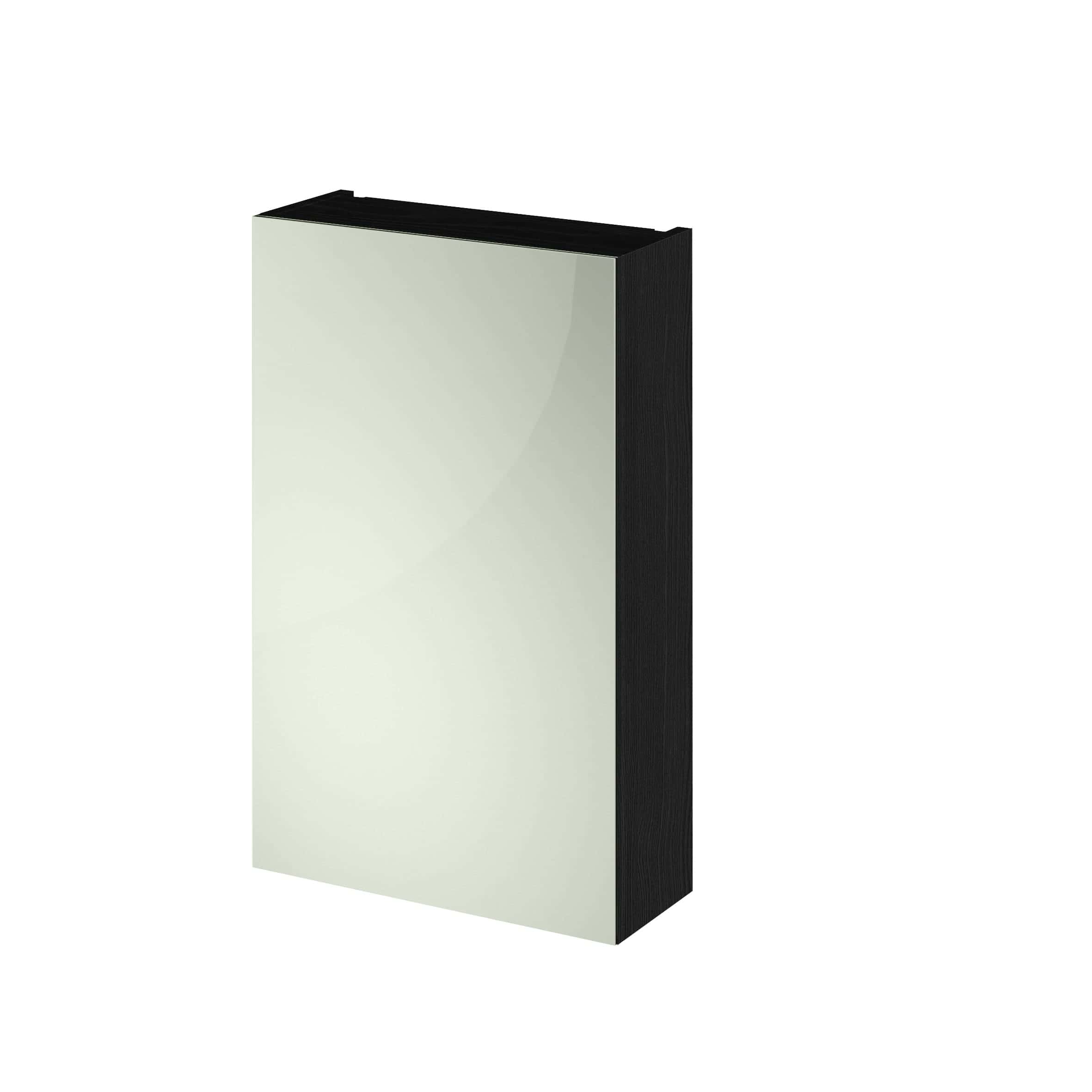 Minimalist bathroom cabinet with black wood finish and large mirrored door, ideal for modern bathroom storage solutions. Stylish, space-saving design from Bubly Bathrooms.