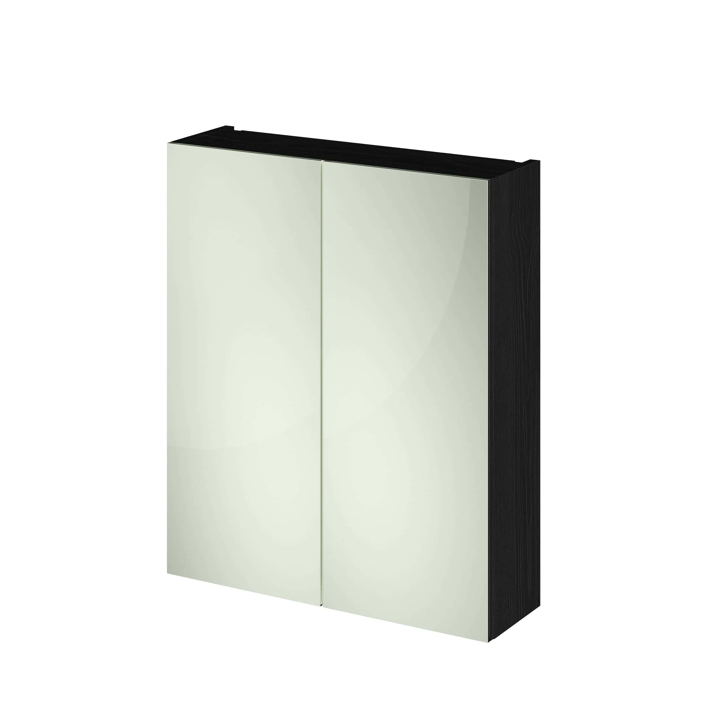 Sleek black and white bathroom cabinet with mirrored doors, modern storage solution for contemporary bathrooms. Perfect for organising toiletries and enhancing bathroom aesthetics.