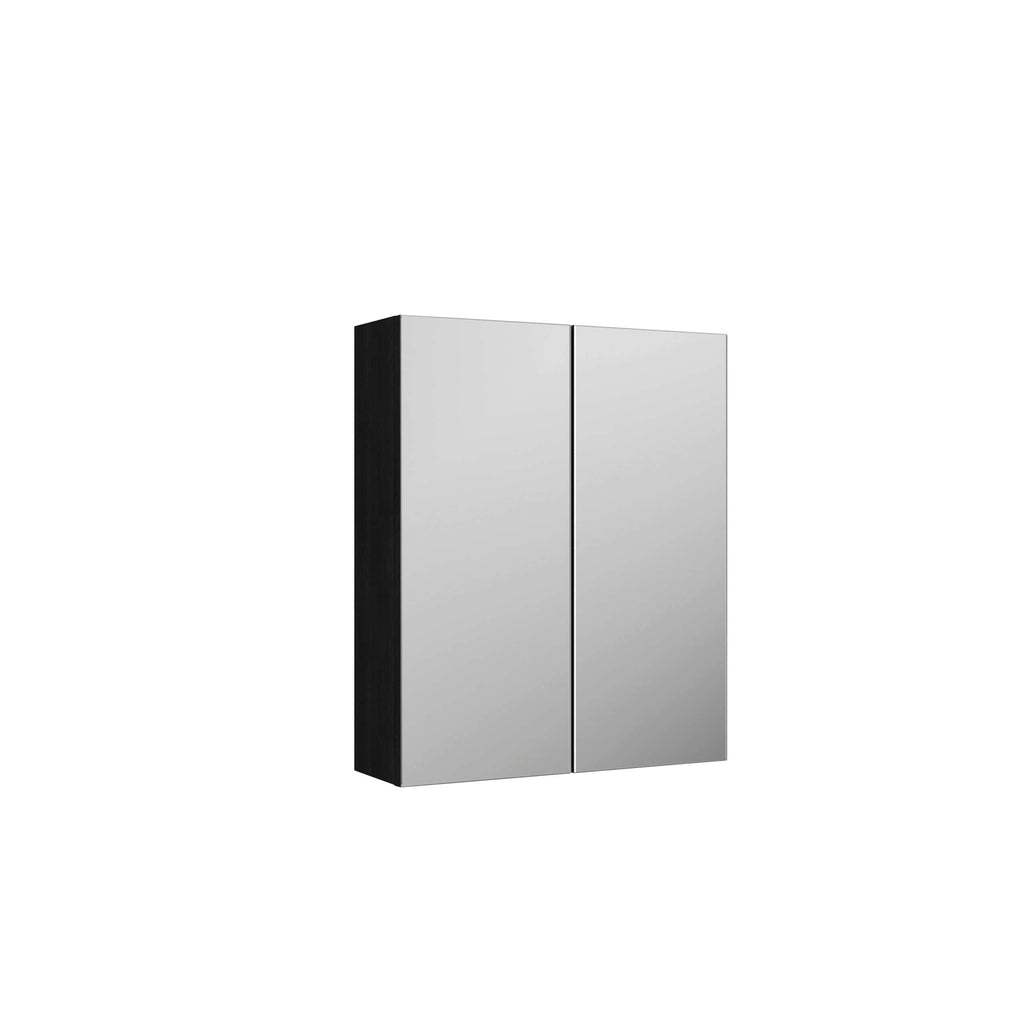 Sleek modern silver bathroom mirror cabinet with black side panel, ideal for contemporary bathrooms and storage solutions. Elegant design enhances bathroom aesthetics.