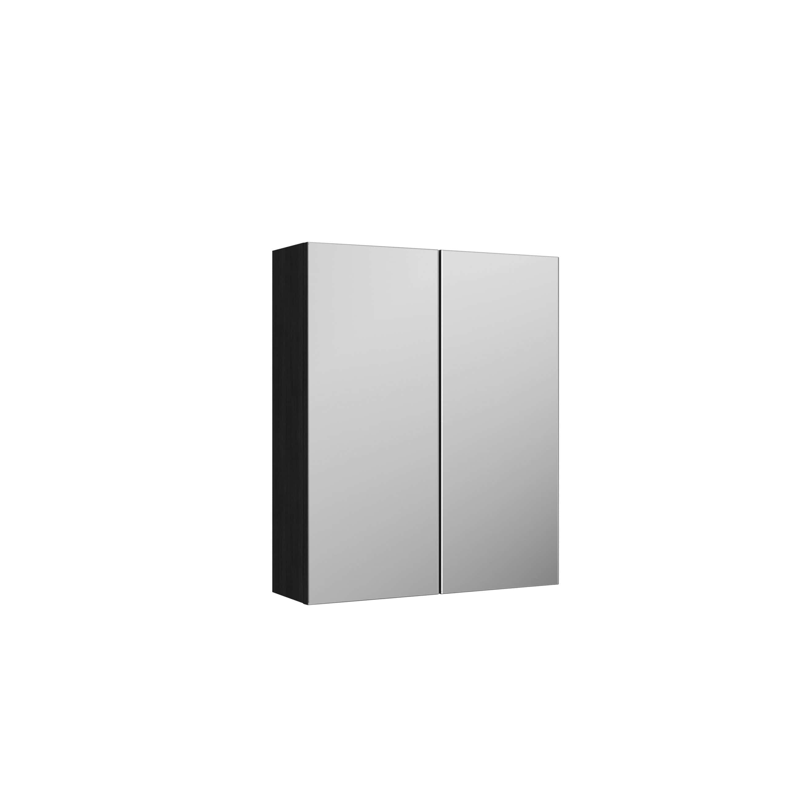 Sleek modern silver bathroom mirror cabinet with black side panel, ideal for contemporary bathrooms and storage solutions. Elegant design enhances bathroom aesthetics.
