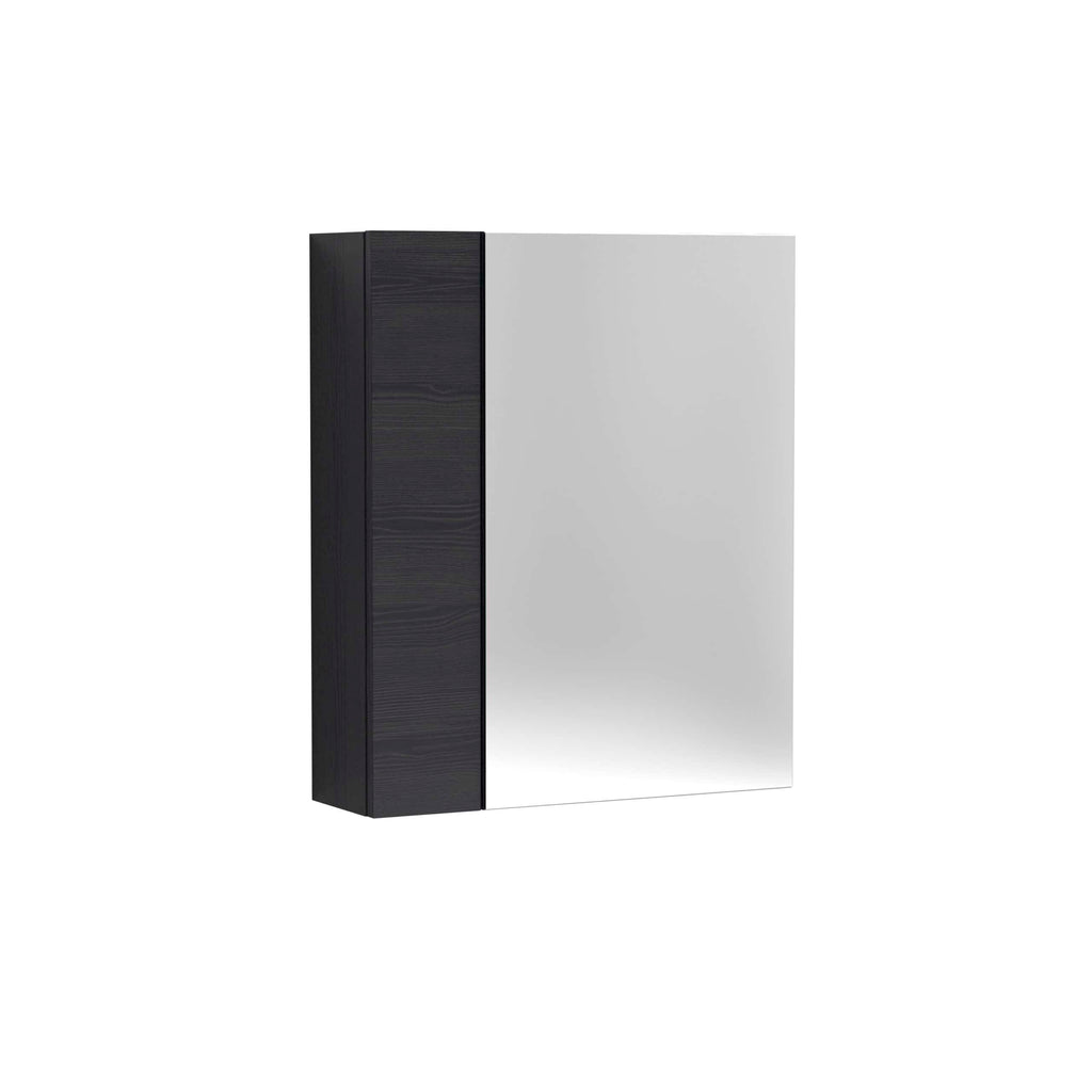 Sleek modern bathroom mirror cabinet with black wood finish side panel and large mirror surface, ideal for contemporary bathroom storage and decor.