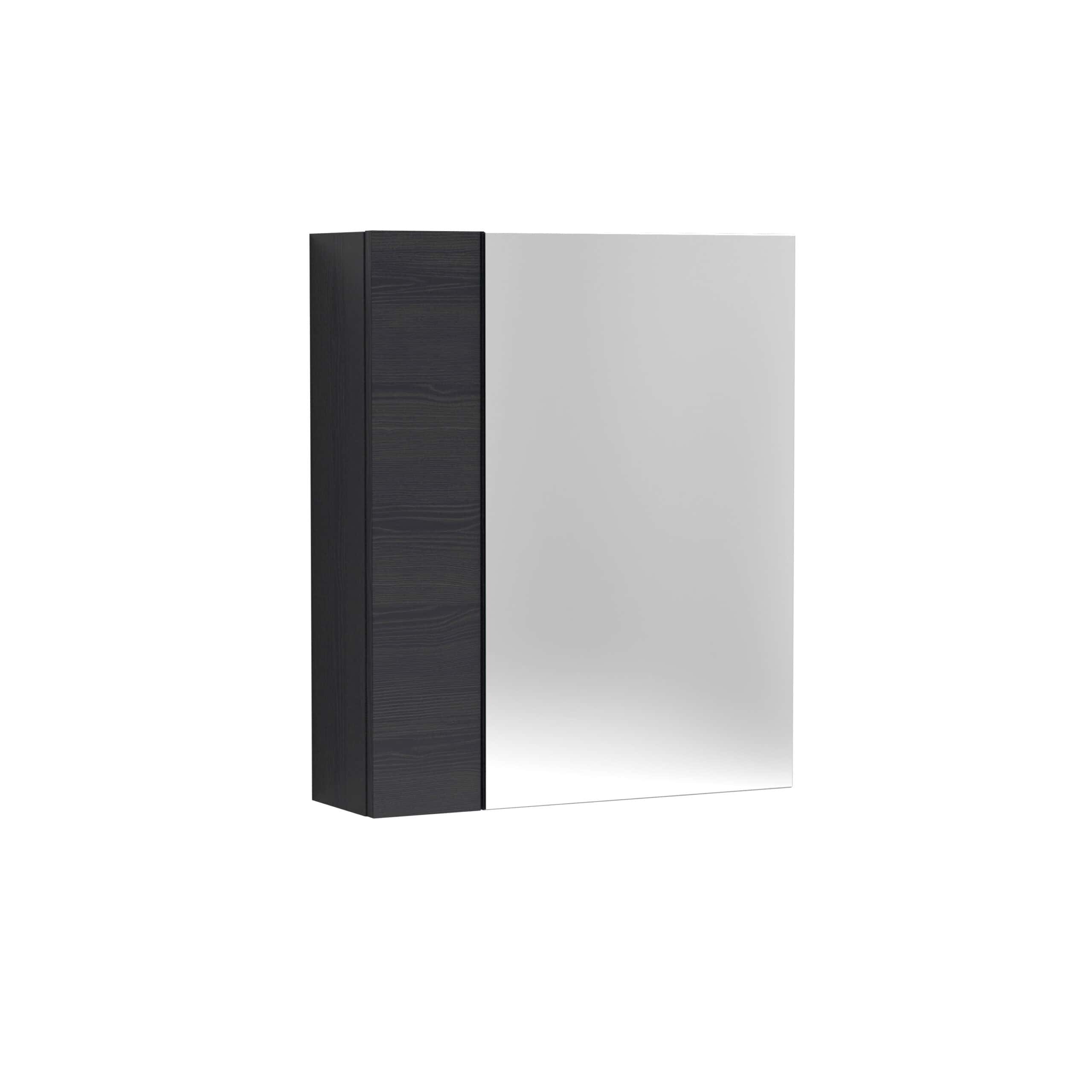 Sleek modern bathroom mirror cabinet with black wood finish side panel and large mirror surface, ideal for contemporary bathroom storage and decor.