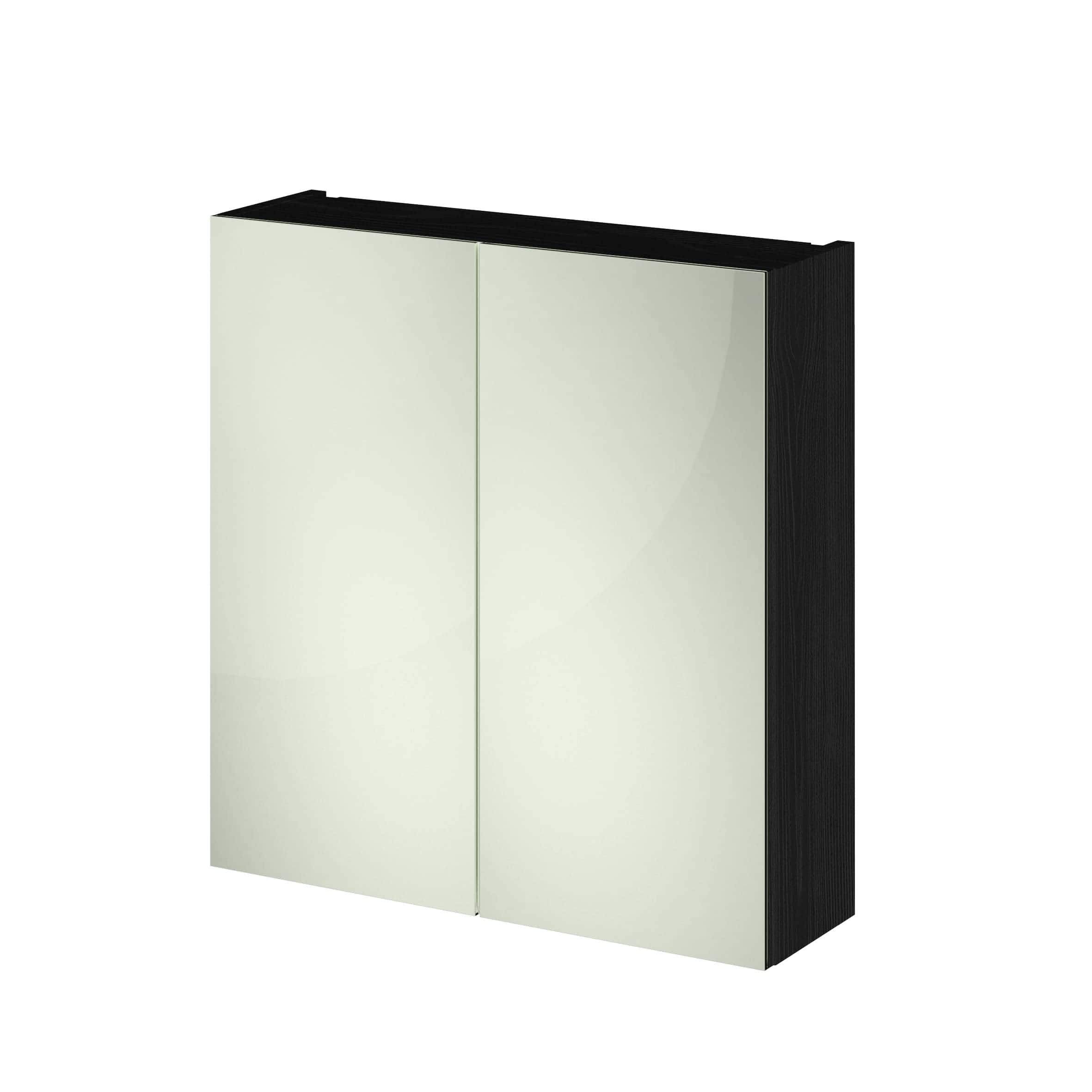 Contemporary bathroom cabinet with mirrored doors, black frame, and minimalist design, ideal for modern bathrooms and storage solutions.