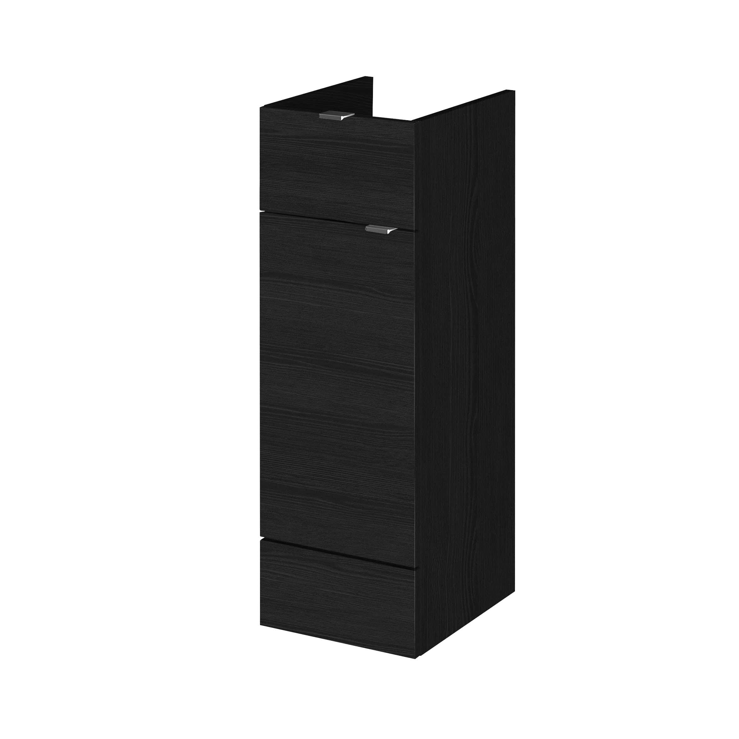 Contemporary black bathroom storage cabinet with sleek wood finish and modern silver handles, ideal for bathroom organisation and modern interior design.
