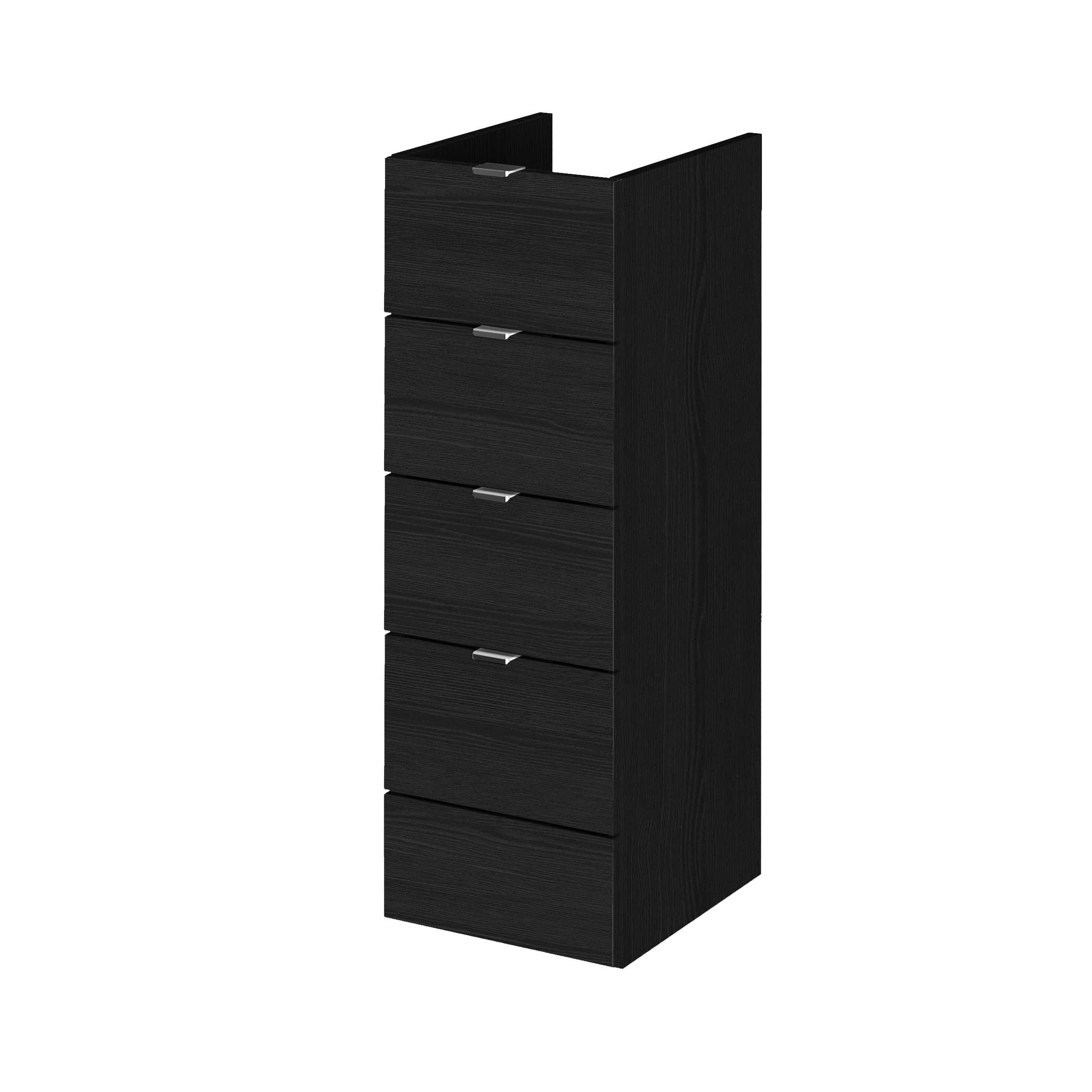 Black bathroom storage cabinet with multiple drawers, modern and sleek design for organised bathroom essentials. Suitable for contemporary bathroom interiors.